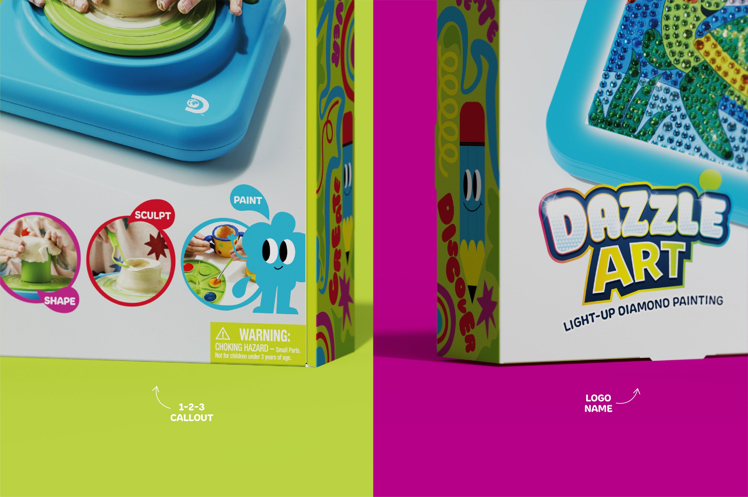 A colorful box labeled 'Dazzle Art' features a children's art set with a light-up diamond painting activity. The box displays a callout about shape creation, featuring images of a child squeezing clay, painting, and a smiling cartoon character. The side of the box has vibrant, wavy patterns and a logo space marked for customization. A warning label indicates small parts and a choking hazard for young children.