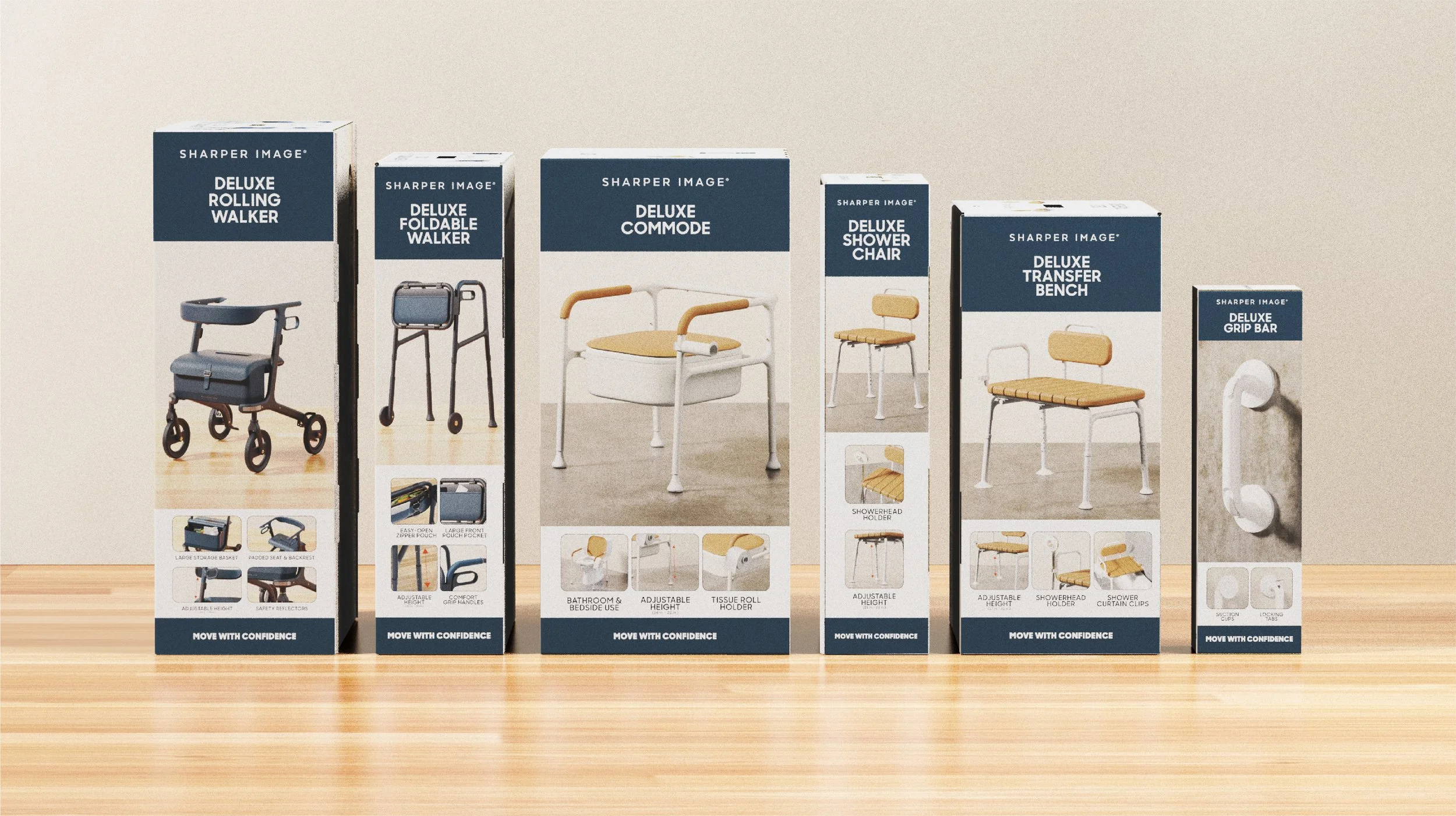A display of various mobility and bathroom aids, including a rollover walker, a foldable walker, a commode, a shower chair, a transfer bench, and a grip bar, all in packaging.