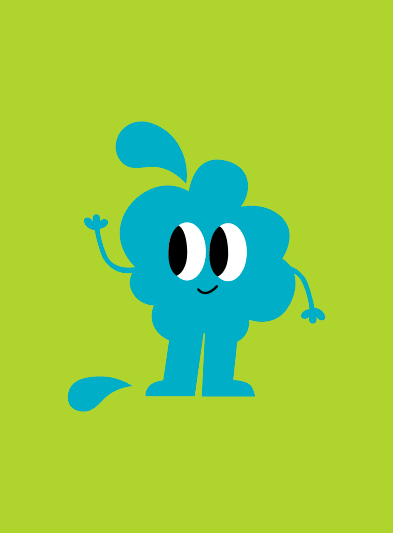 Cartoon cloud character with big eyes, a small smile, and a waving hand, set against a green background.