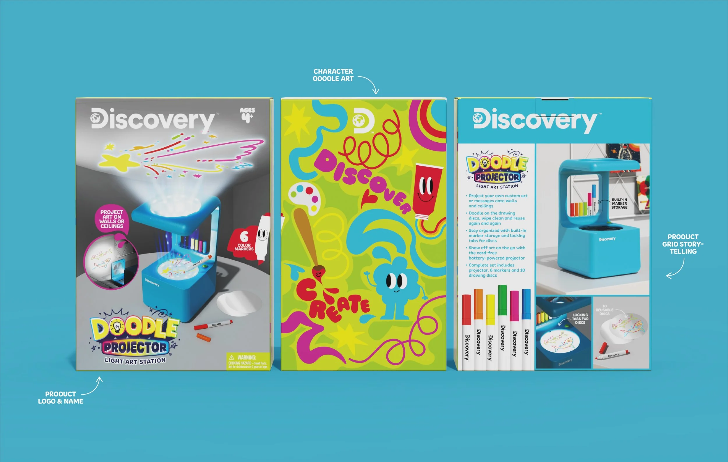 Packaging boxes for a Discovery Doodle Projector Light Art Station, featuring colorful designs and product information, including markers and drawing discs, with a blue backdrop.