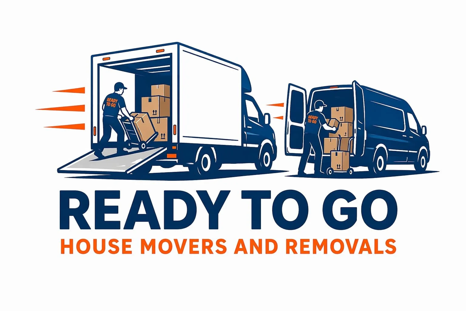 Illustration of two house movers loading boxes into moving trucks with the text "Ready to Go House Movers and Removals."