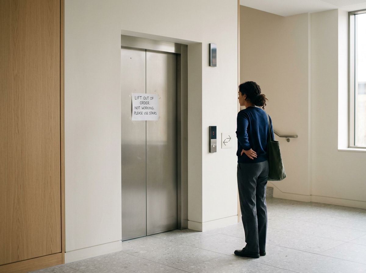 A woman with curly hair, wearing a blue jacket and gray pants, stands outside an elevator in a modern building lobby, looking at a sign on the elevator door that reads, 'Lift out of order. Not working. Please use stairs.'