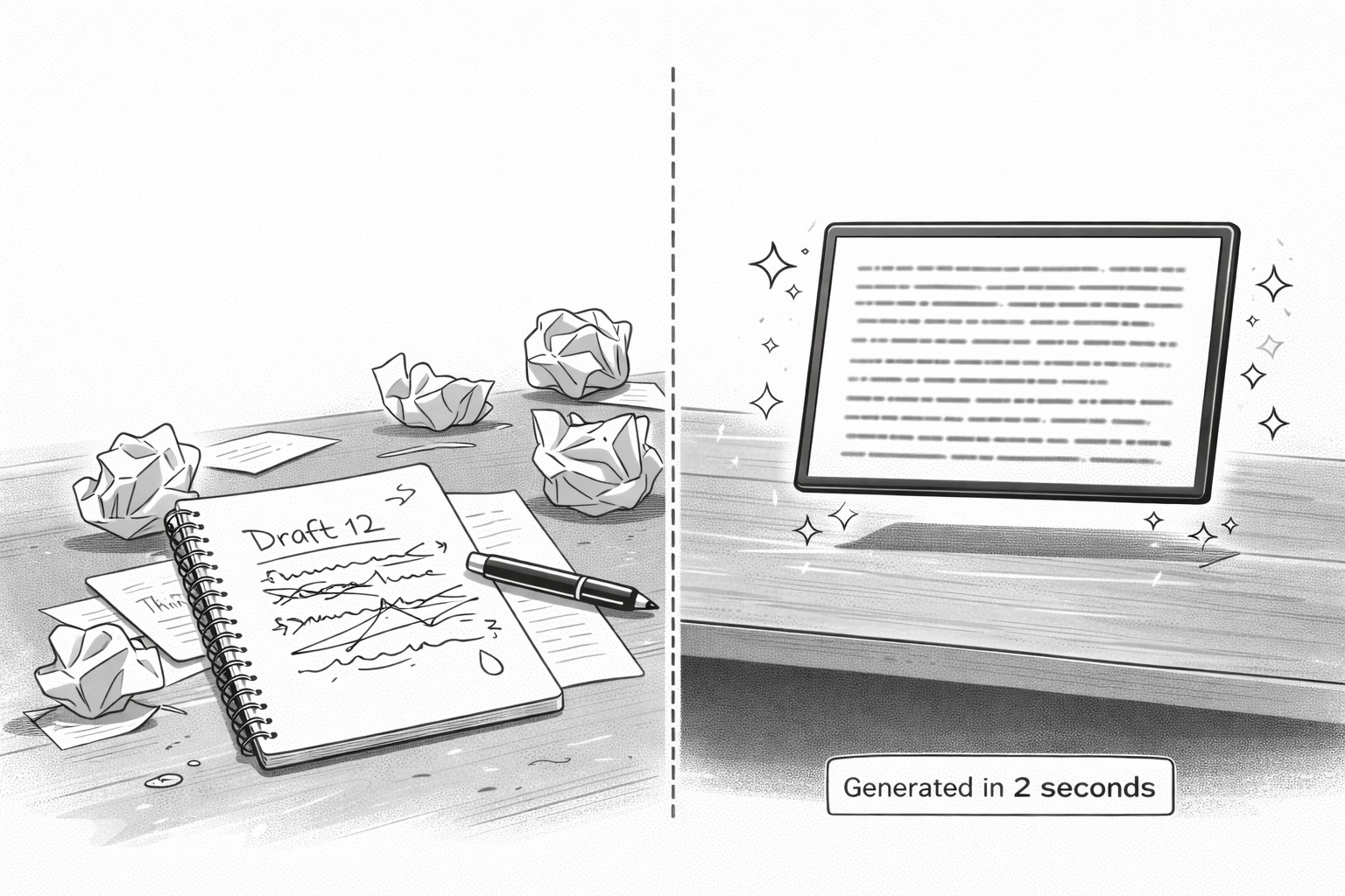 Black and white anime-style illustration contrasting human creative effort with AI-generated text produced instantly, highlighting concerns about artificial intelligence replacing creativity.