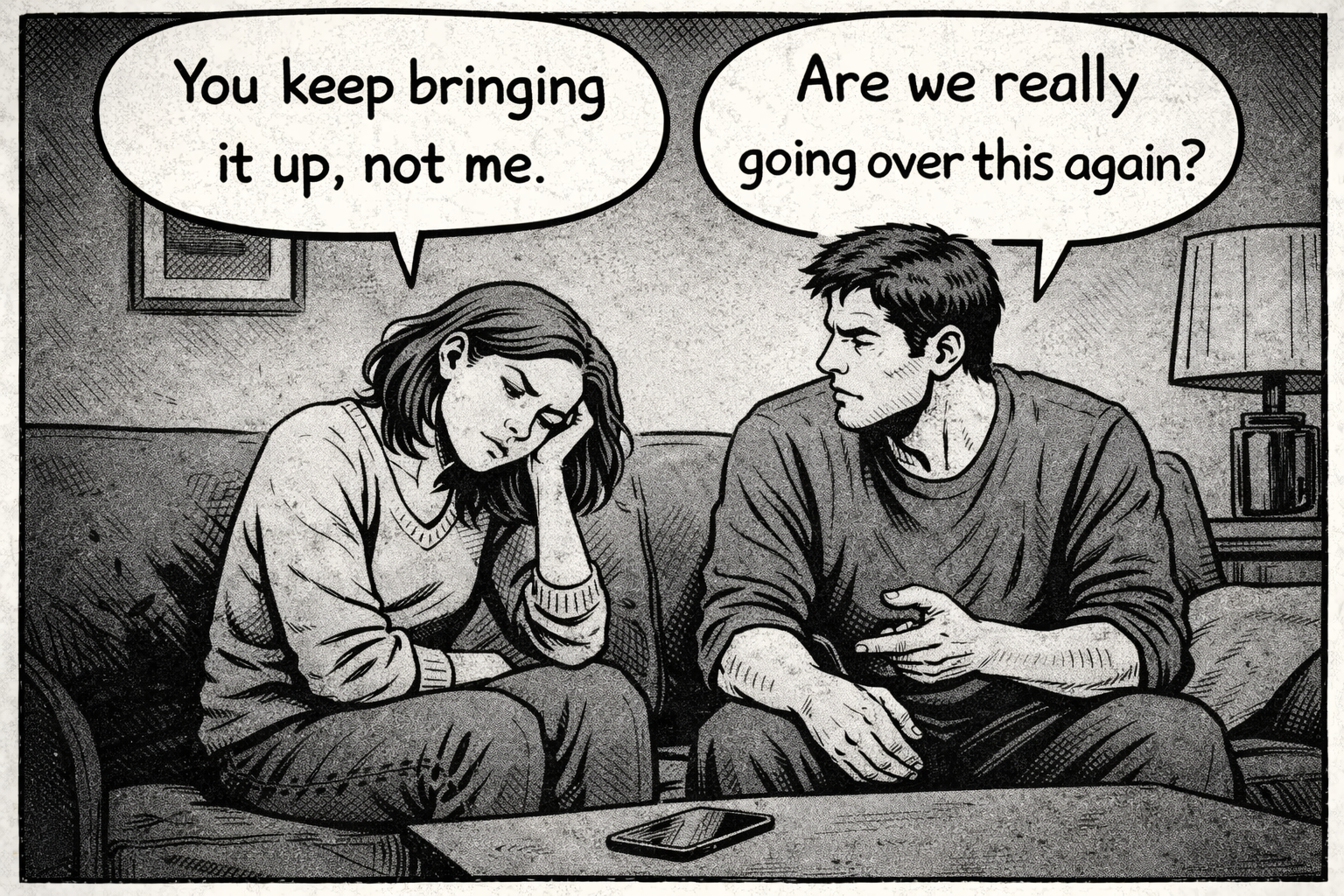 Couple having the same unresolved conversation again, showing how communication gets stuck