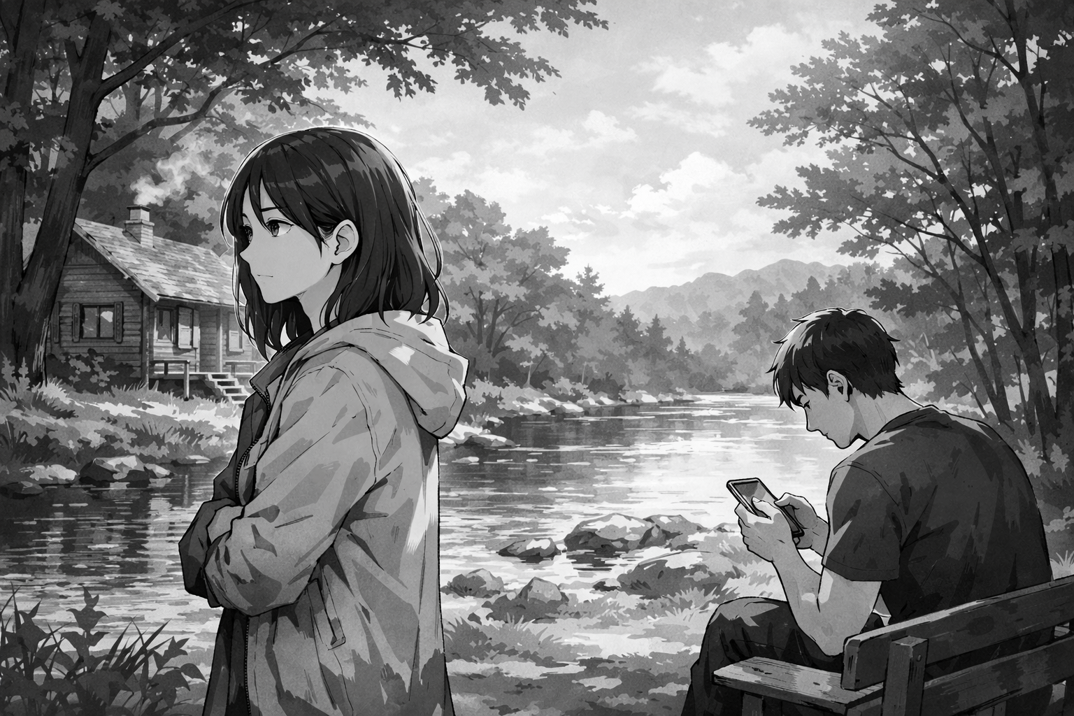 A couple at a riverside cabin surrounded by trees and lush greenery. The woman looking distant and emotionally alone while her partner sits nearby focused on his phone, reflecting relationship disconnection during a weekend trip.