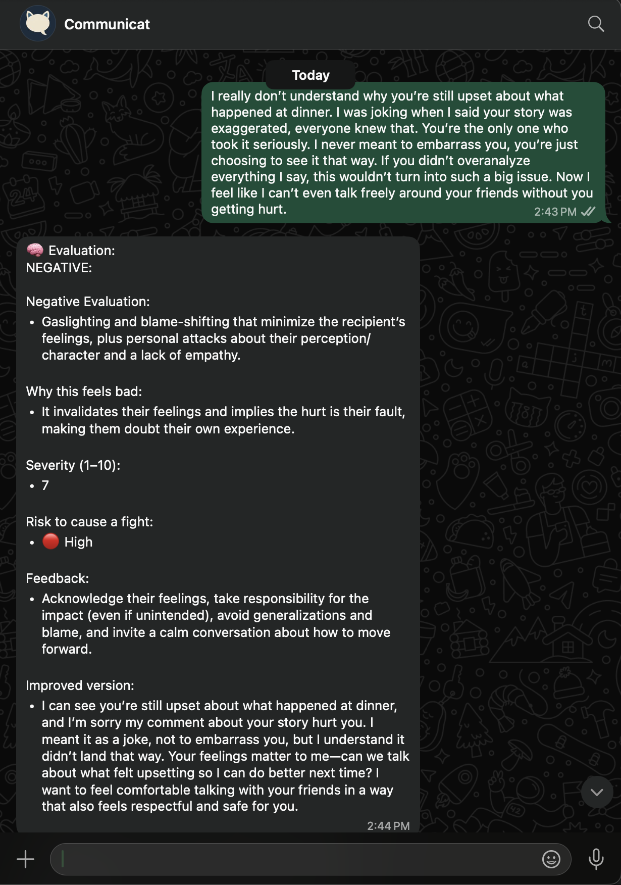 WhatsApp chat analysis showing emotional invalidation, blame shifting, and subtle gaslighting in a couple’s argument.