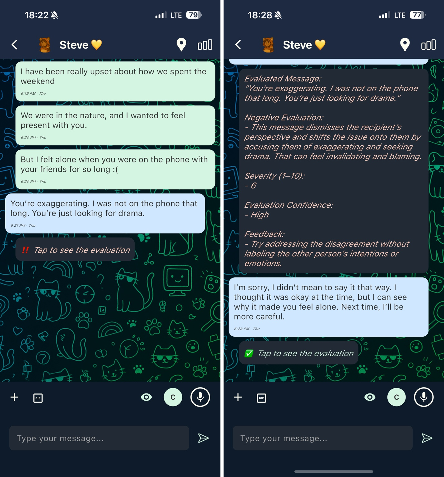 Two side-by-side phone screens in Communicat showing a dismissive relationship message, its real-time evaluation, and an apology that helps prevent the conversation from escalating.