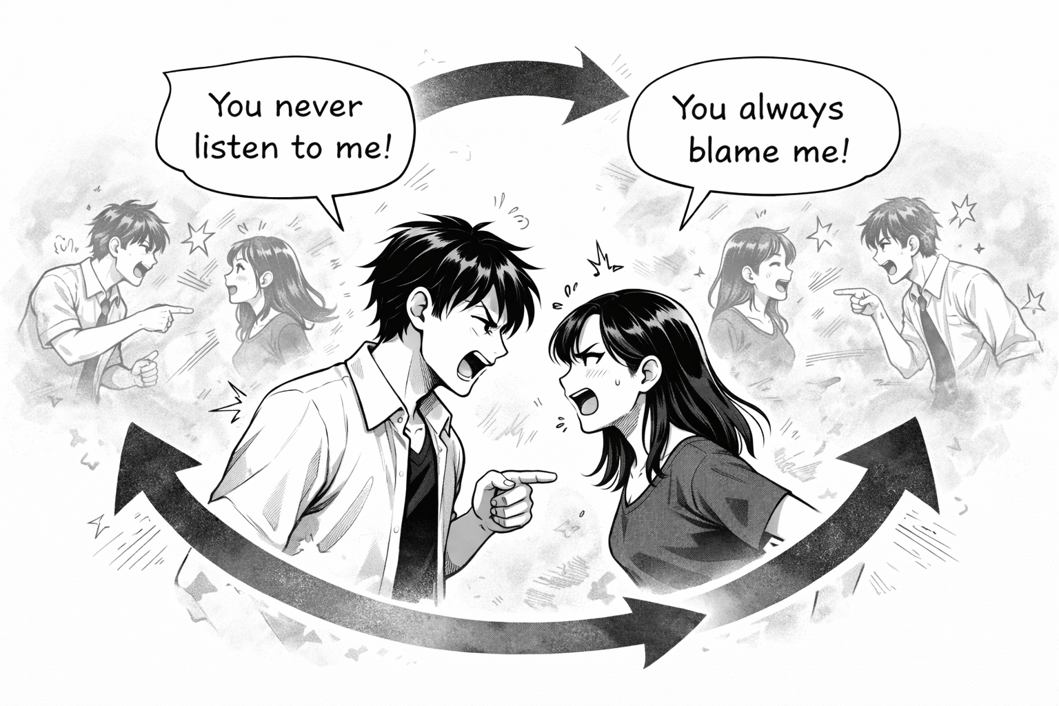 Black and white anime-style illustration of a couple repeating the same argument pattern, with circular arrows and mirrored accusations showing how relationship fights often follow the same emotional loop.