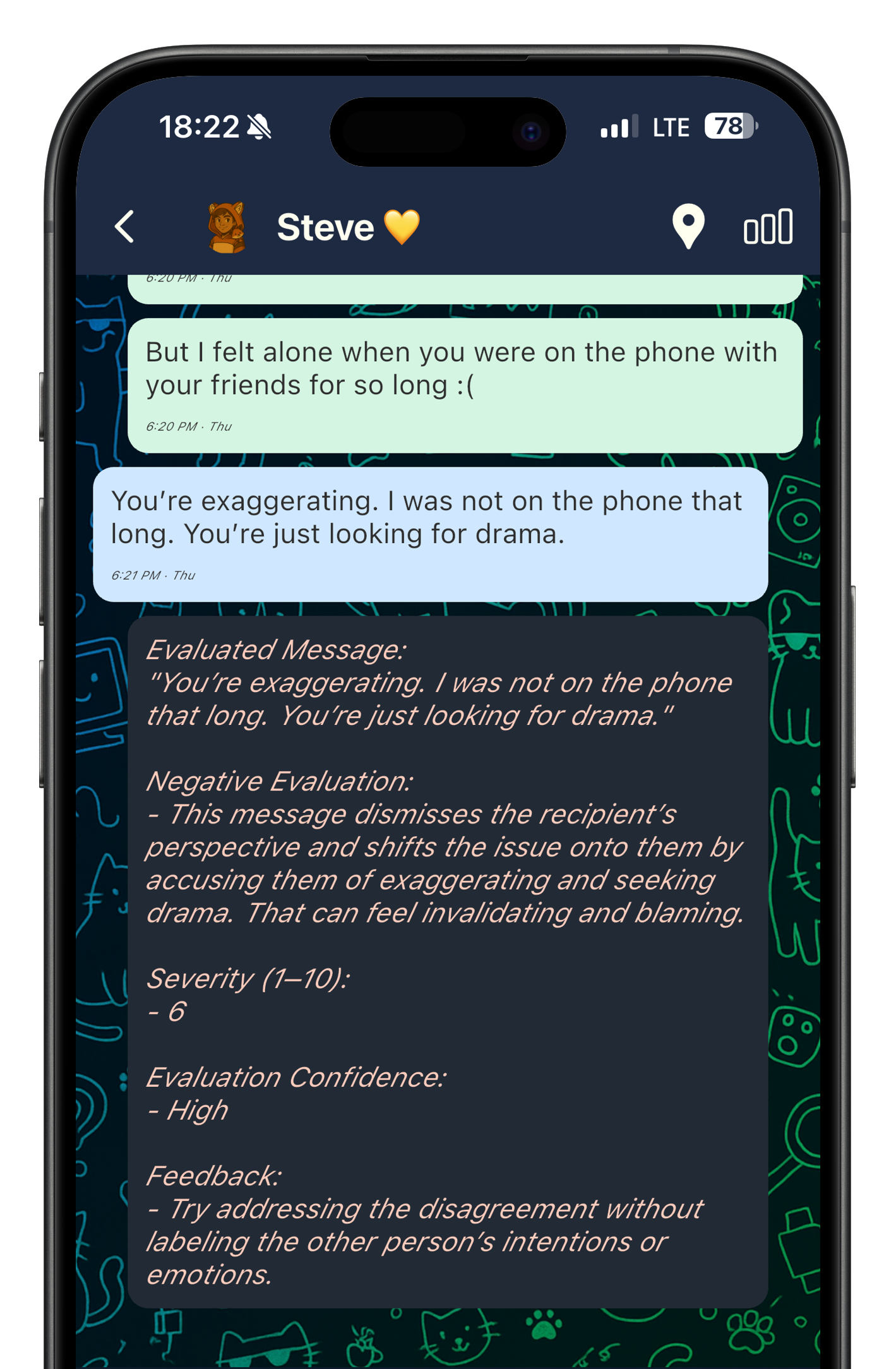 Communicat healthy communication app screenshot showing message evaluation feedback that flags defensive, dismissive, and blame-shifting language in a relationship chat.