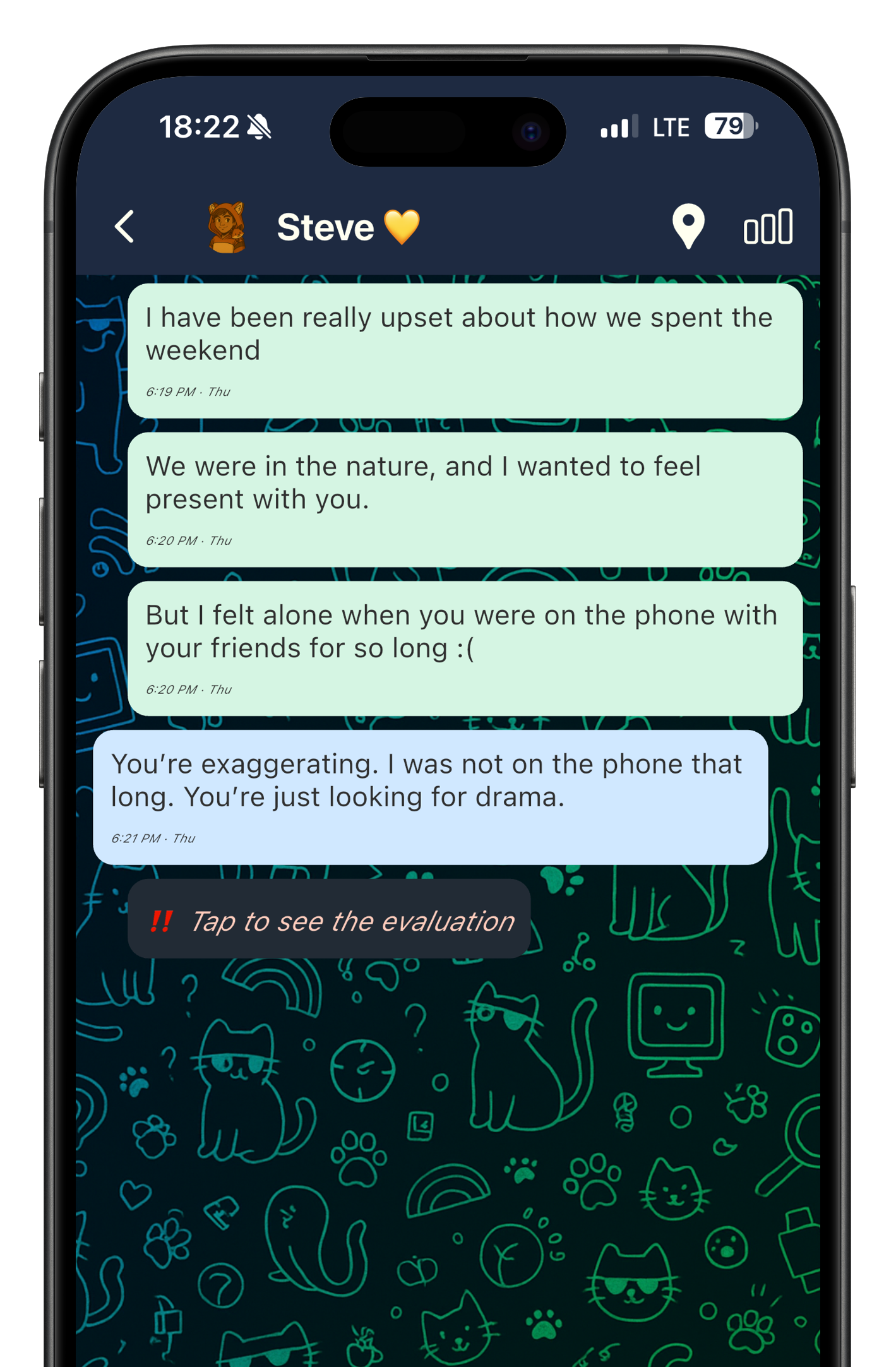 Communicat relationship communication app screenshot showing a difficult conversation where a girlfriend feels ignored and the boyfriend responds defensively.