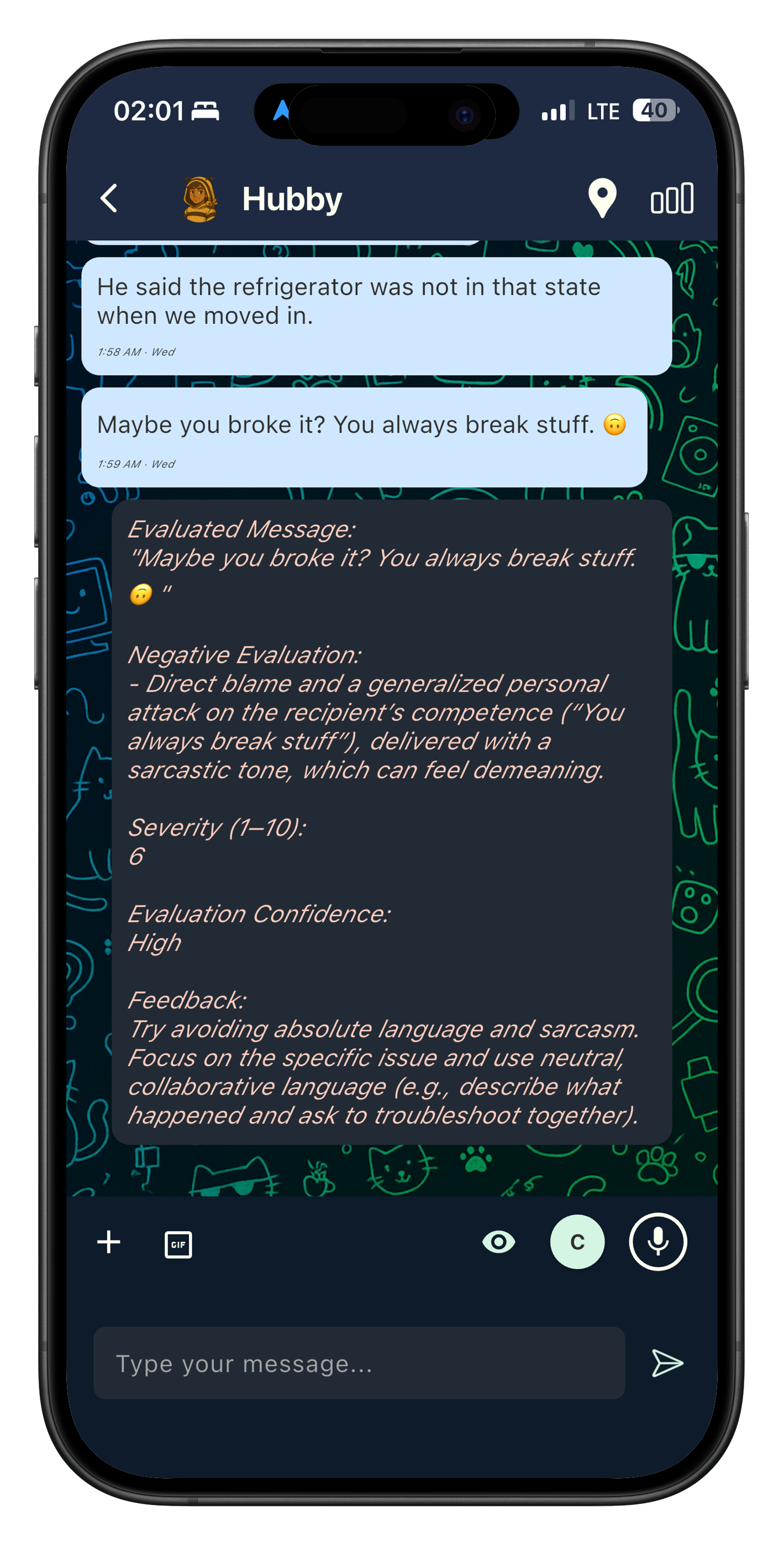 Communicat app analyzing a chat message and flagging negative communication patterns such as blame and gaslighting, with an evaluation showing severity score and constructive feedback to prevent conflict.