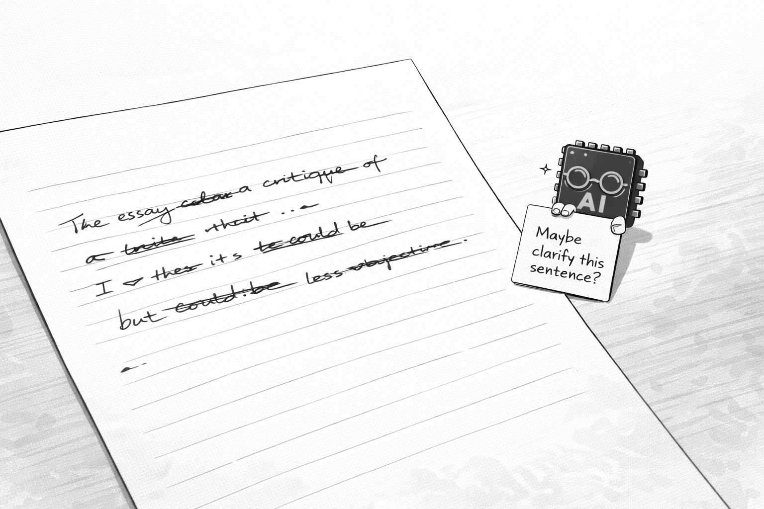 Black and white anime-style illustration of handwritten text with a small AI chip offering a suggestion note, symbolizing human-centered artificial intelligence assisting rather than replacing creativity.
