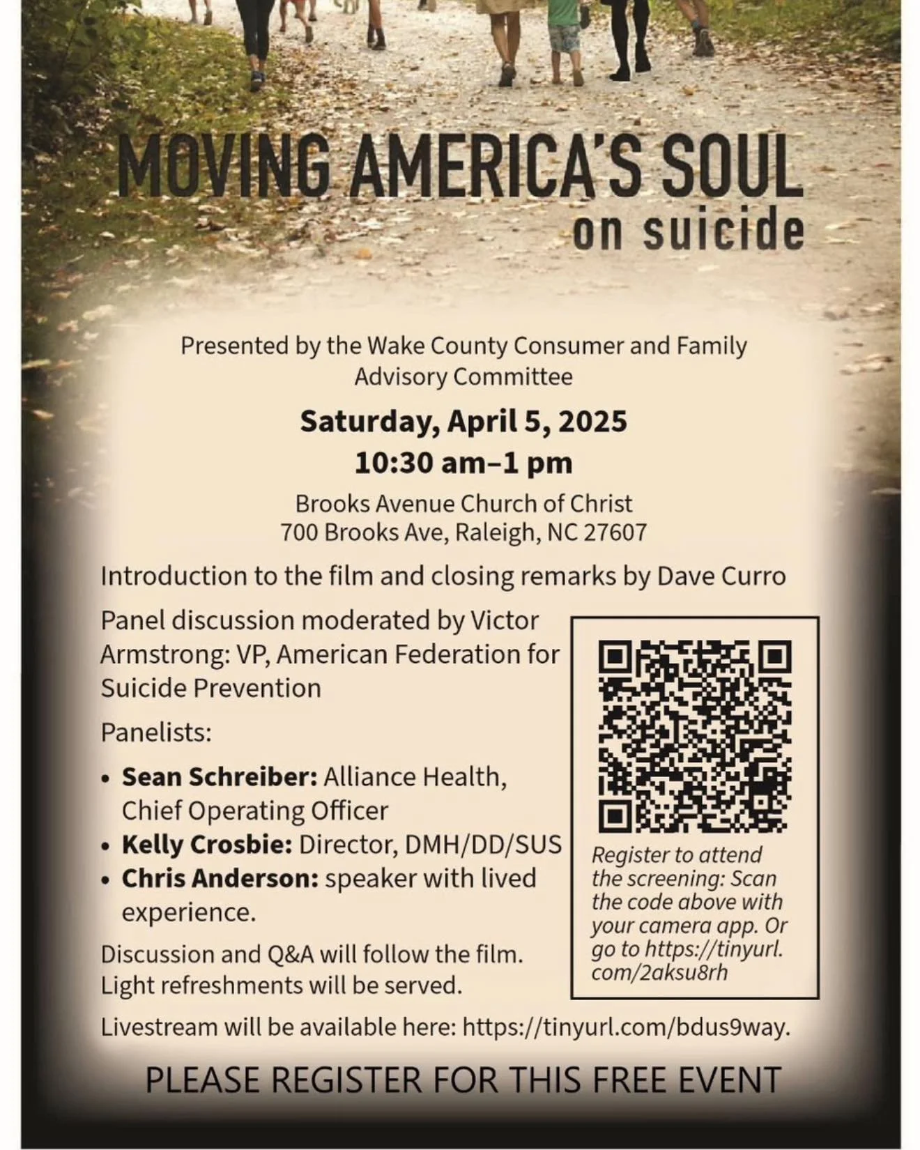 The Wake County Consumer and Family Advisory Committee is hosting a viewing of “Moving America’s Soul on Suicide” as a platform for organizations like Blaize Bureau Consulting to share valuable resources, tools, and information with