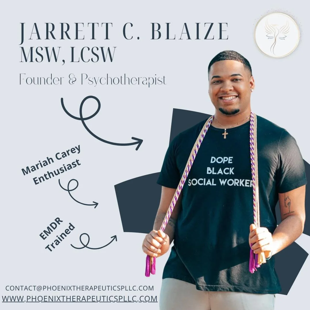 ✨ Meet the Team ✨

 At Phoenix Therapeutics, PLLC, we believe healing starts with connection. Get to know the faces behind our practice:

Jarrett C. Blaize, MSW, LCSW &mdash; Owner &amp; EMDR-Trained Therapist, dedicated to supporting clients on thei
