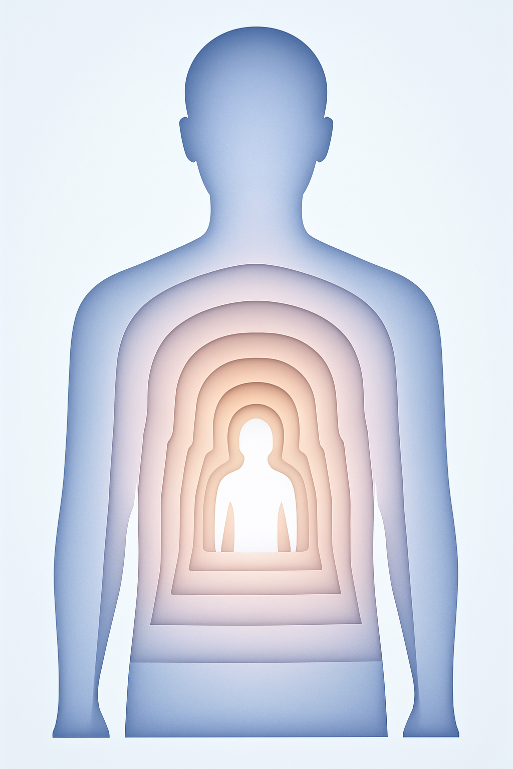 Illustration of a human silhouette with layered, concentric outlines centered on the torso area, symbolizing levels of consciousness or self-awareness.