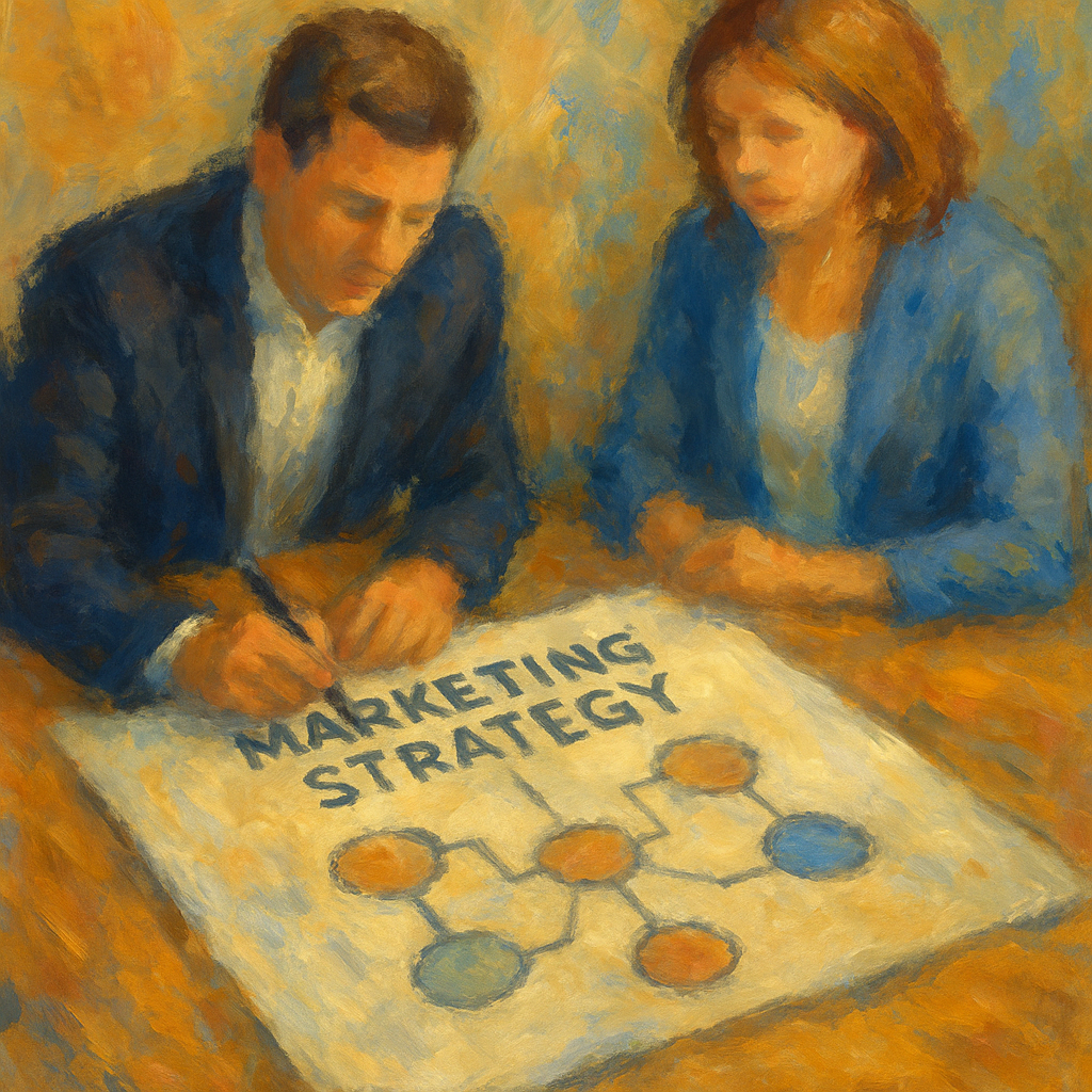 Impressionistic oil painting of two professionals collaborating over a marketing strategy diagram on a table, symbolizing strategic planning and structured marketing development