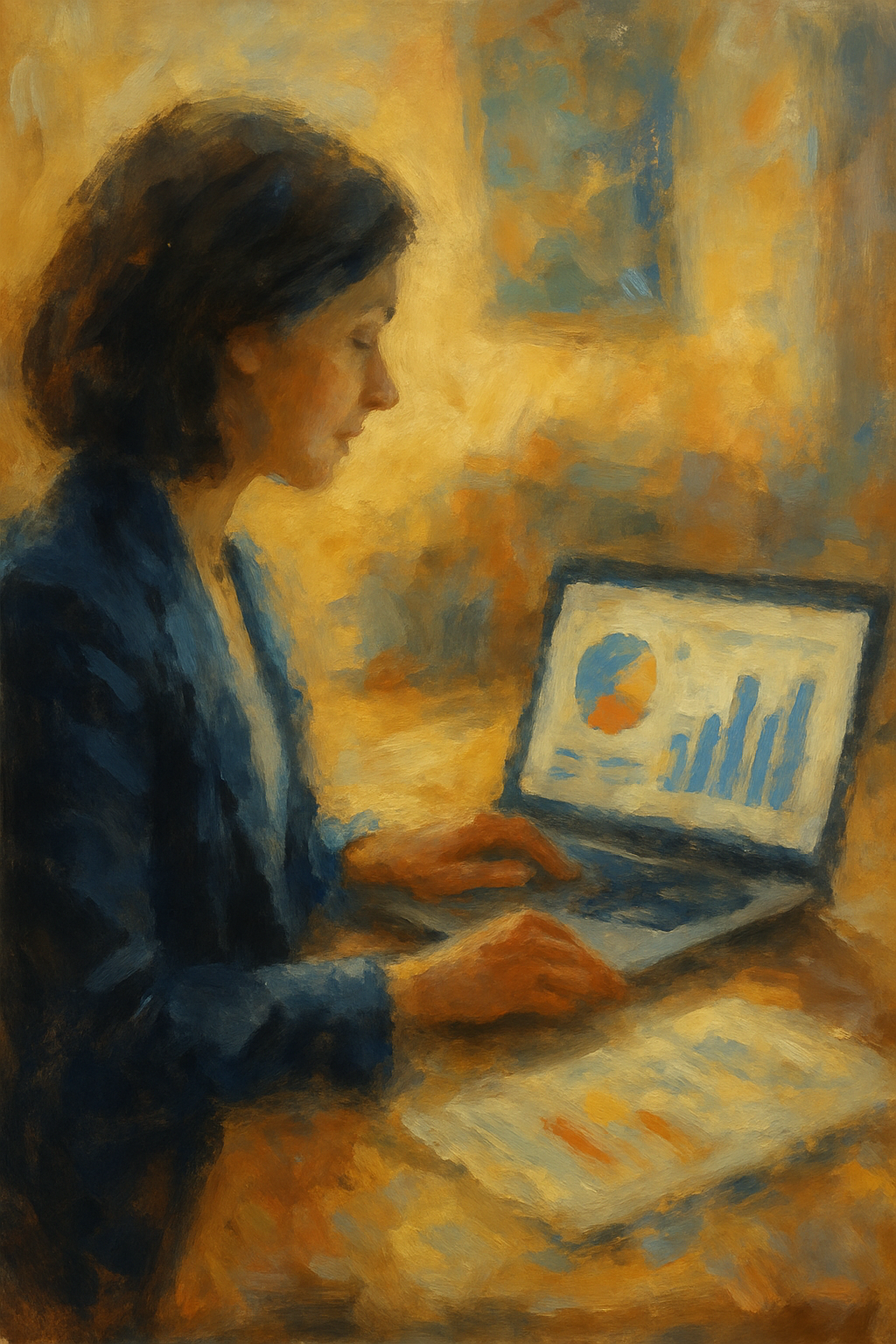 Impressionistic oil painting of a professional woman analyzing data on a laptop with charts and graphs, symbolizing marketing analytics, insights, and data-driven decision-making