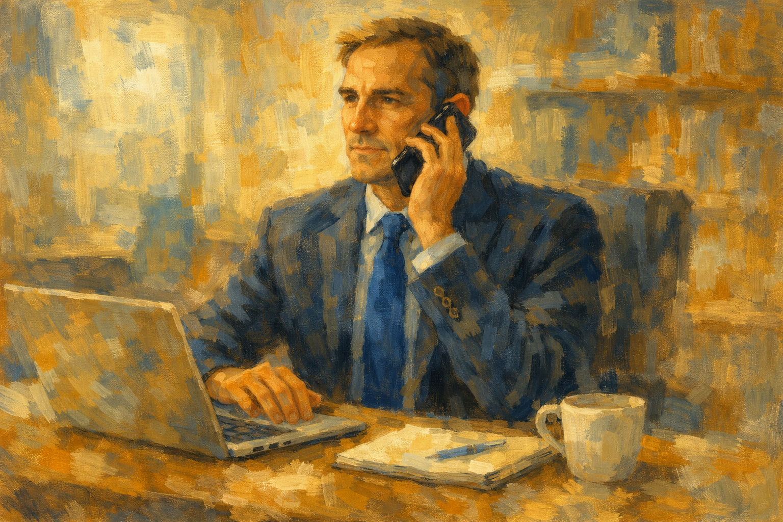 Impressionistic oil painting of a professional woman analyzing data on a laptop with charts and graphs, symbolizing marketing analytics, insights, and data-driven decision-making