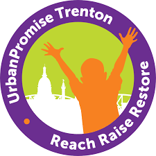Logo for Urban Promise Trenton featuring a child with arms raised in front of city skyline, with purple and green colors and the phrases 'Reach, Raise, Restore'.