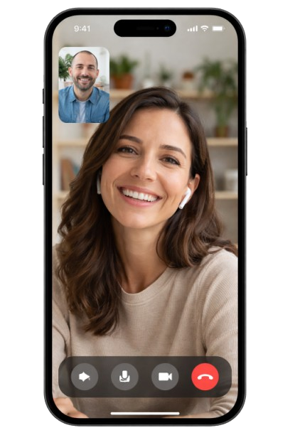 Smartphone screen showing a woman on a video call with a man in a small inset window. The woman is smiling, wearing a beige sweater and earbuds. The background has shelves and plants.