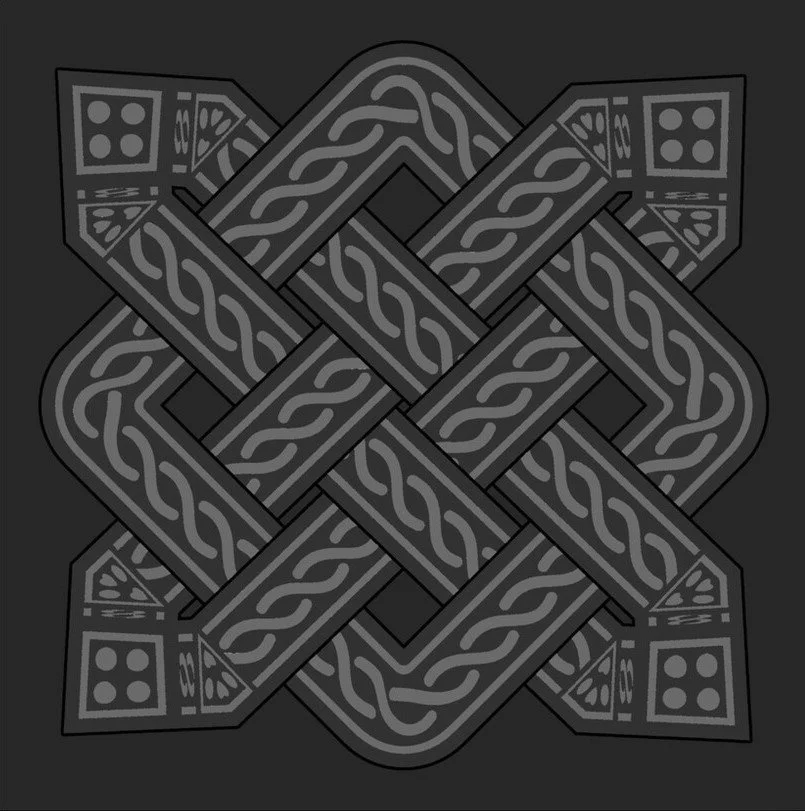 A black and gray Celtic knot design with intricate interwoven lines and geometric patterns.