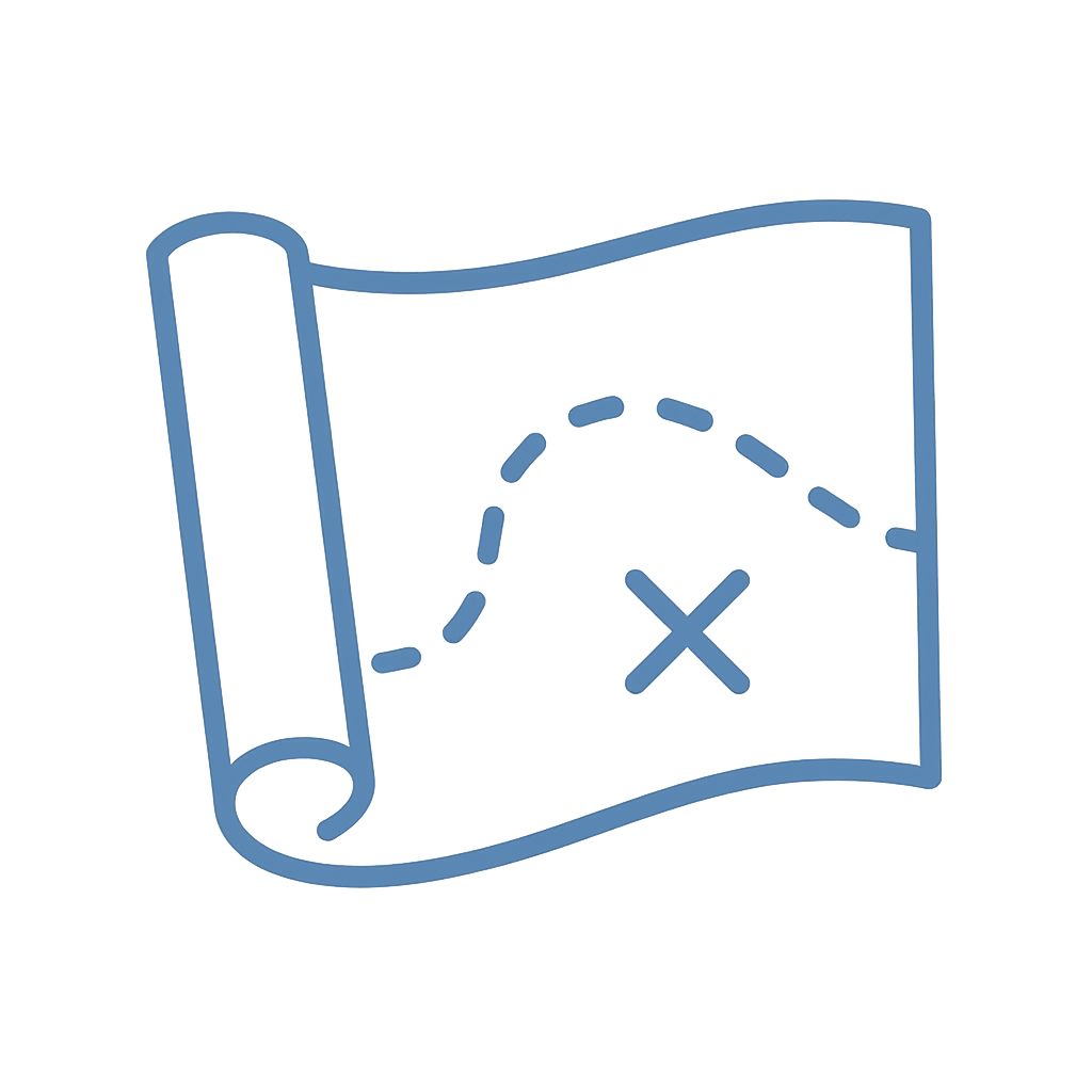 Icon of a treasure map with a dotted path and an X mark.