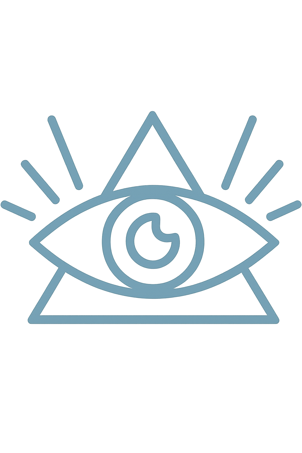 A stylized drawing of an eye with lines radiating from it, resembling an eye within a pyramid, symbolizing perception or awareness.
