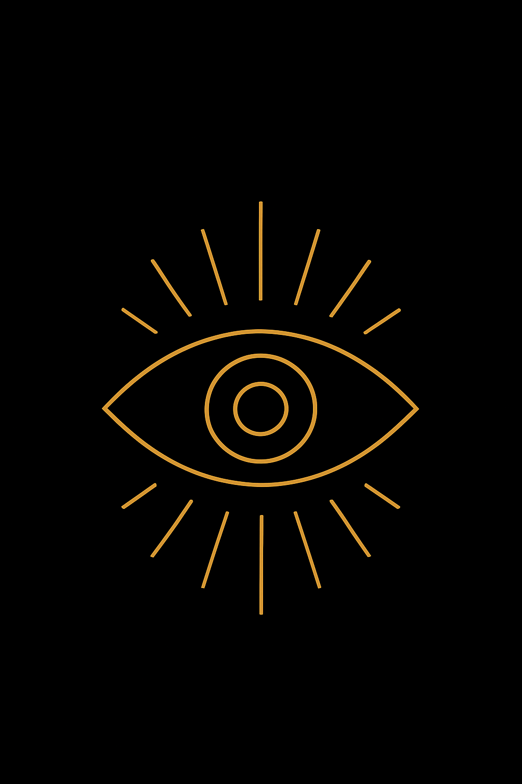 Line art illustration of an eye with radiating lines, on a black background.