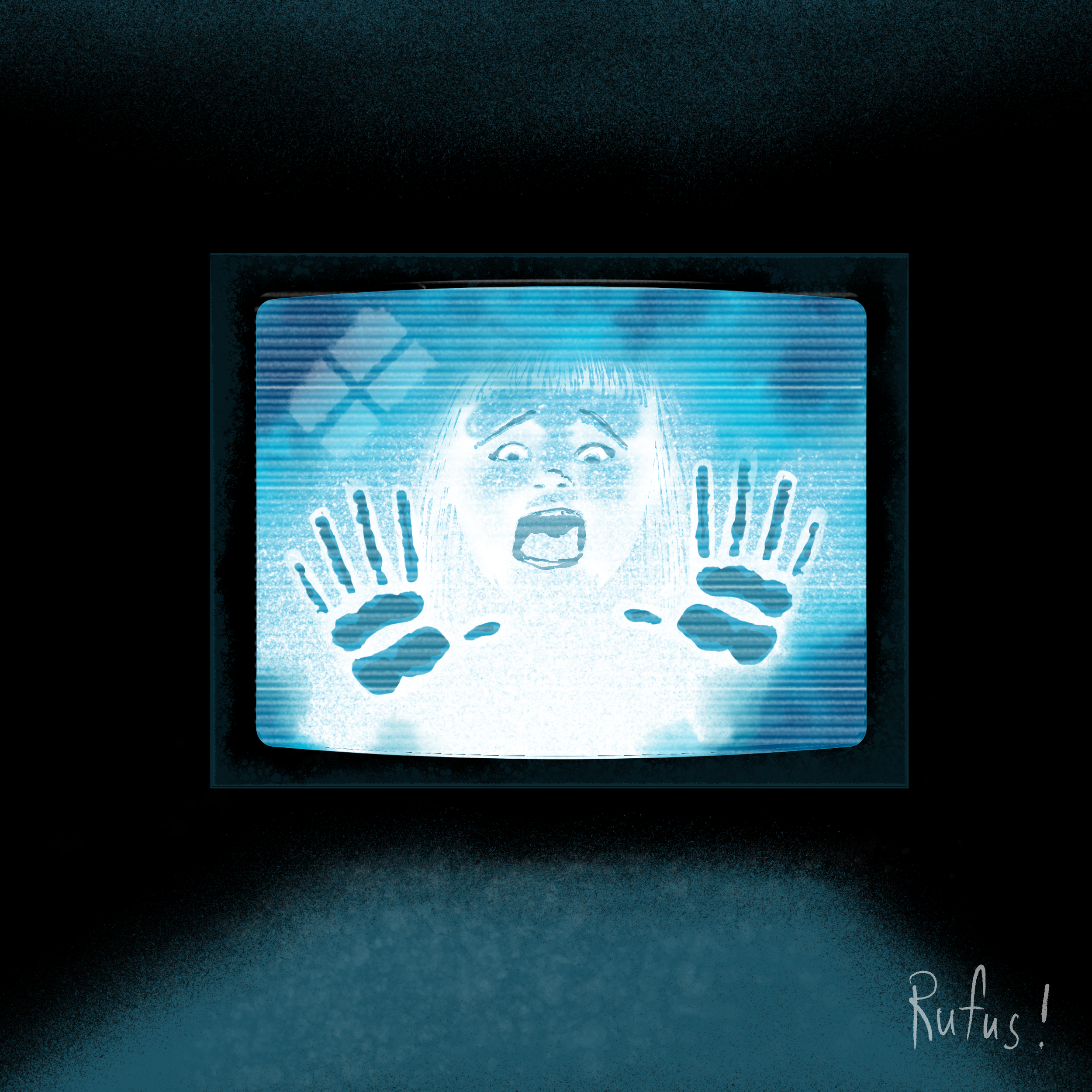 A digital screen displaying a shocking image of a young girl with her hands on her face, accompanied by the text 'RUTUS!'.