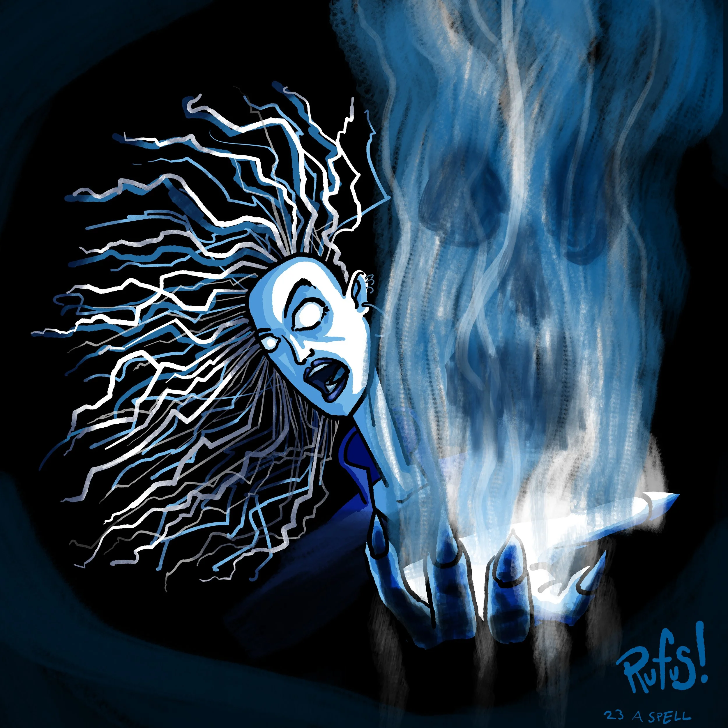 Stylized drawing of a lightbulb with blue and white electrical sparks emanating from it, set against a dark background with blue and white paint streaks.