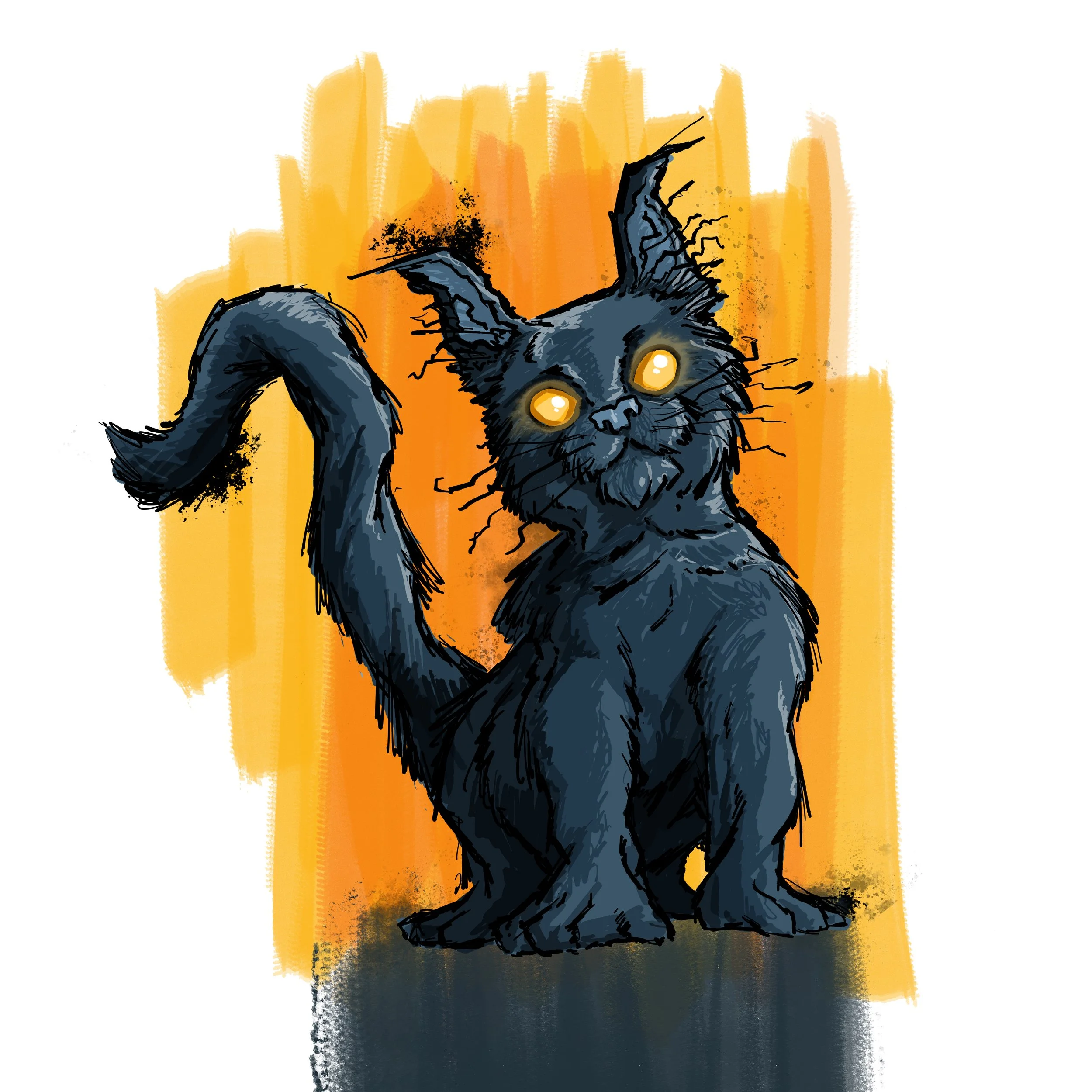 A dark, spooky spider with glowing yellow eyes set against an abstract background of yellow and orange hues.