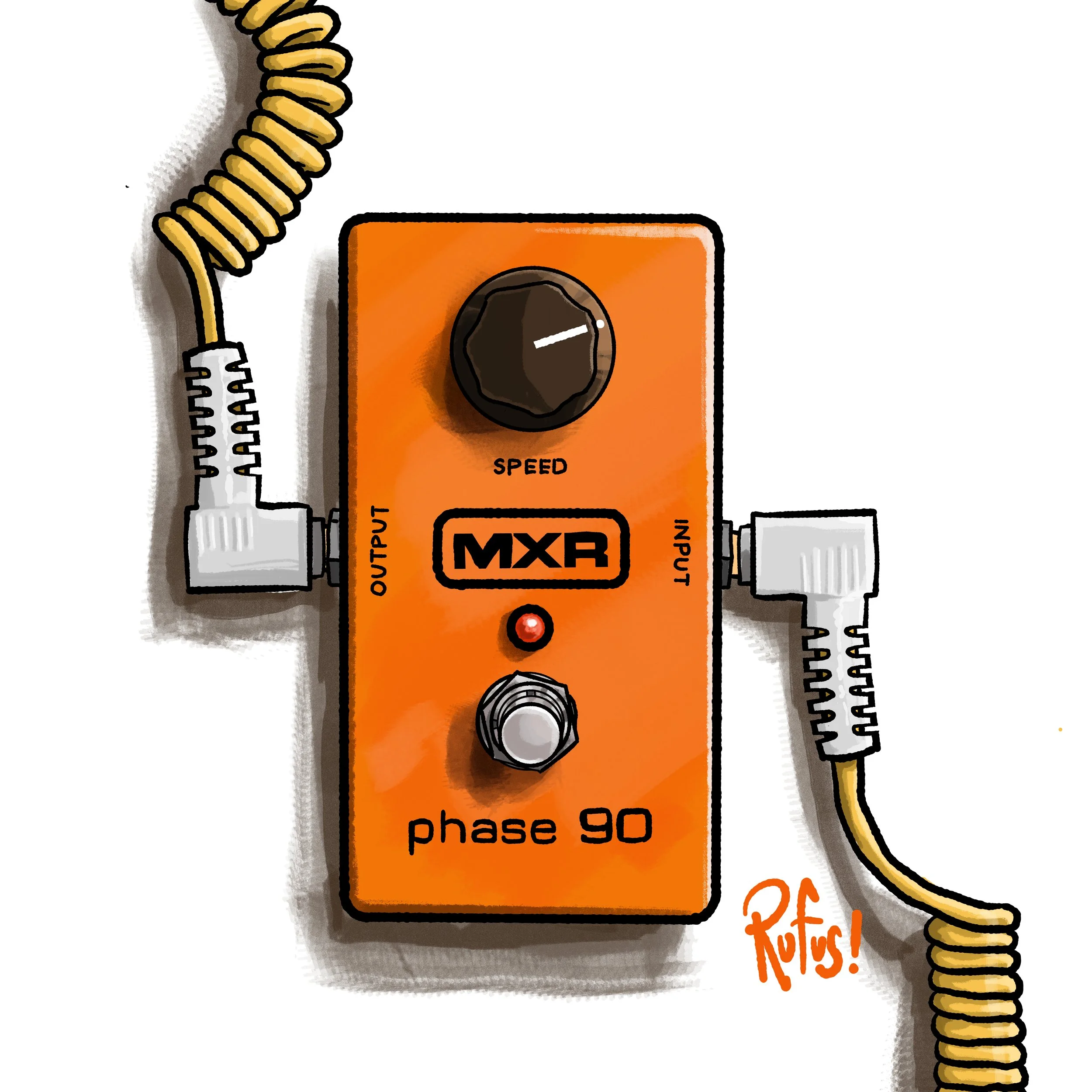 Close-up of an orange guitar effects pedal labeled 'phase 90' with black control knob, surrounded by coiled yellow guitar cable.
