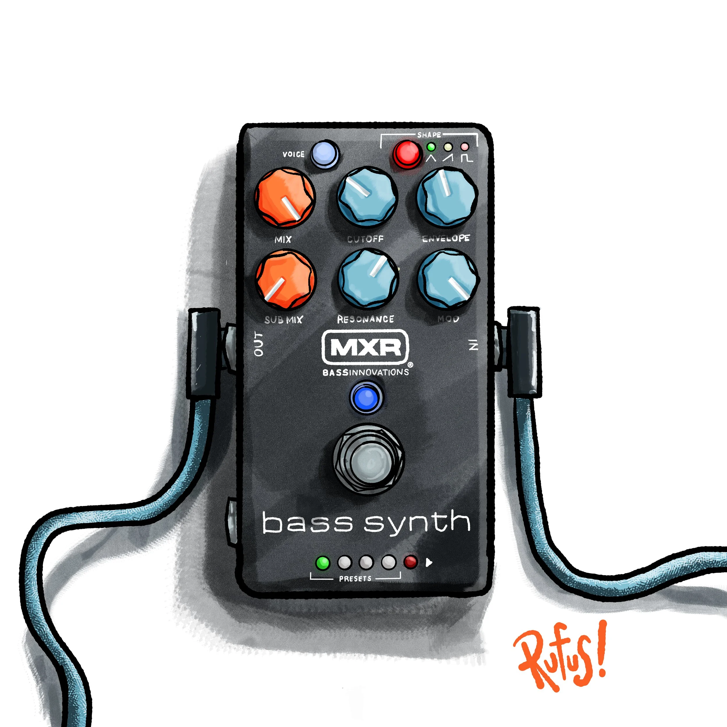 Digital bass synthesizer pedal with colorful knobs and buttons, labeled 'bass synth' and 'BASSINNOVATIONS', with cables connected at the sides.