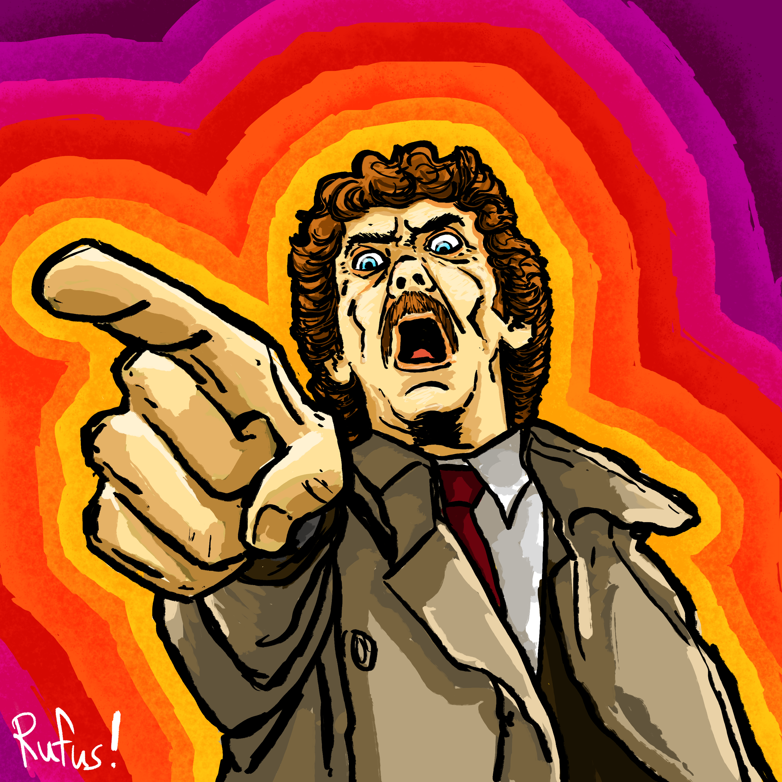 Cartoon-style illustration of a man with brown curly hair and a beard, shouting with mouth open, wearing a beige suit with a red tie, in front of a rainbow-colored background. The words 'Rebeldes! Rutas!' are written in pink and white on the bottom left corner.