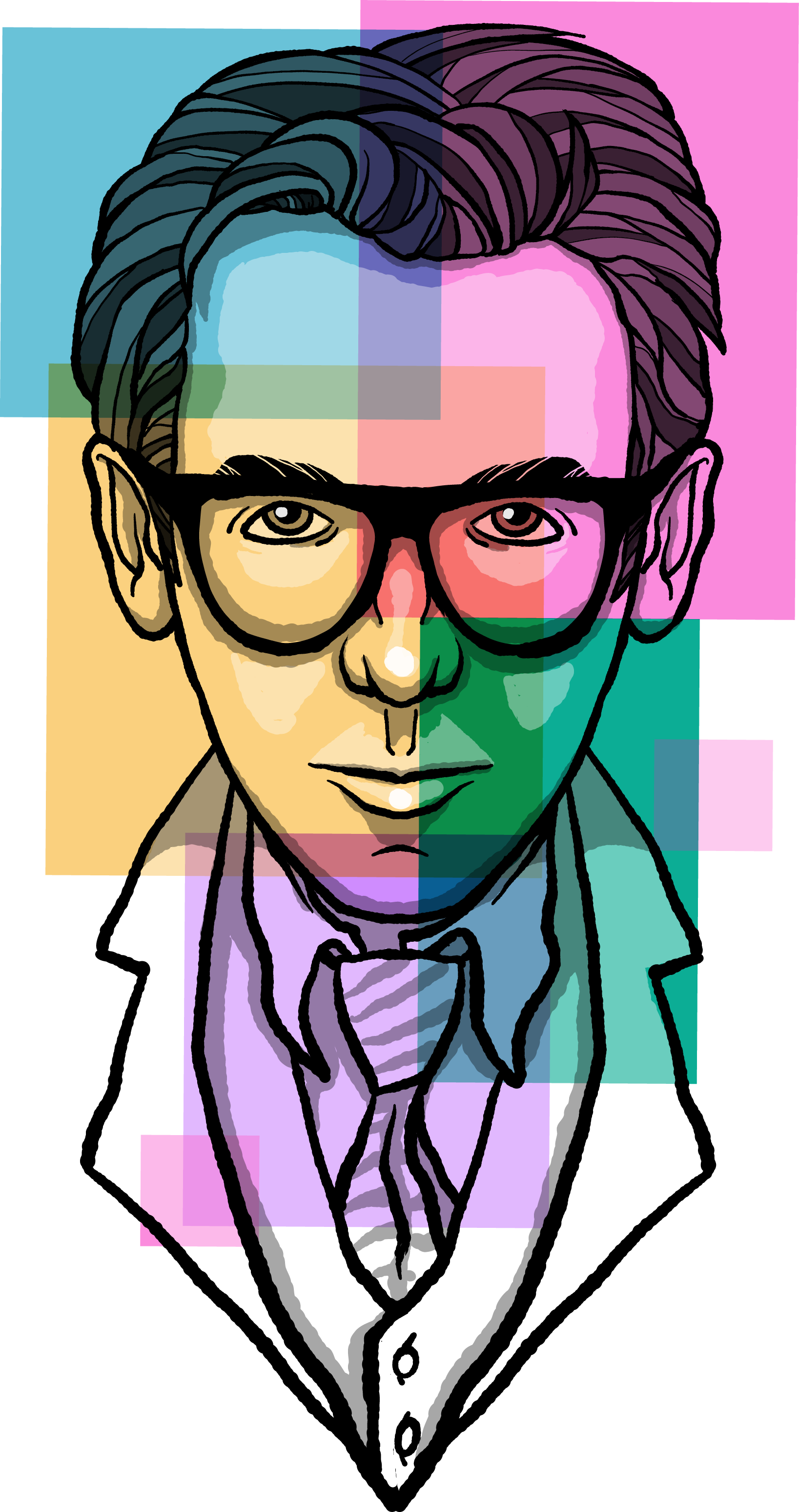A colorful digital illustration of a man with glasses, slicked-back hair, wearing a suit and bow tie, divided into segments with various pastel and bright background colors.
