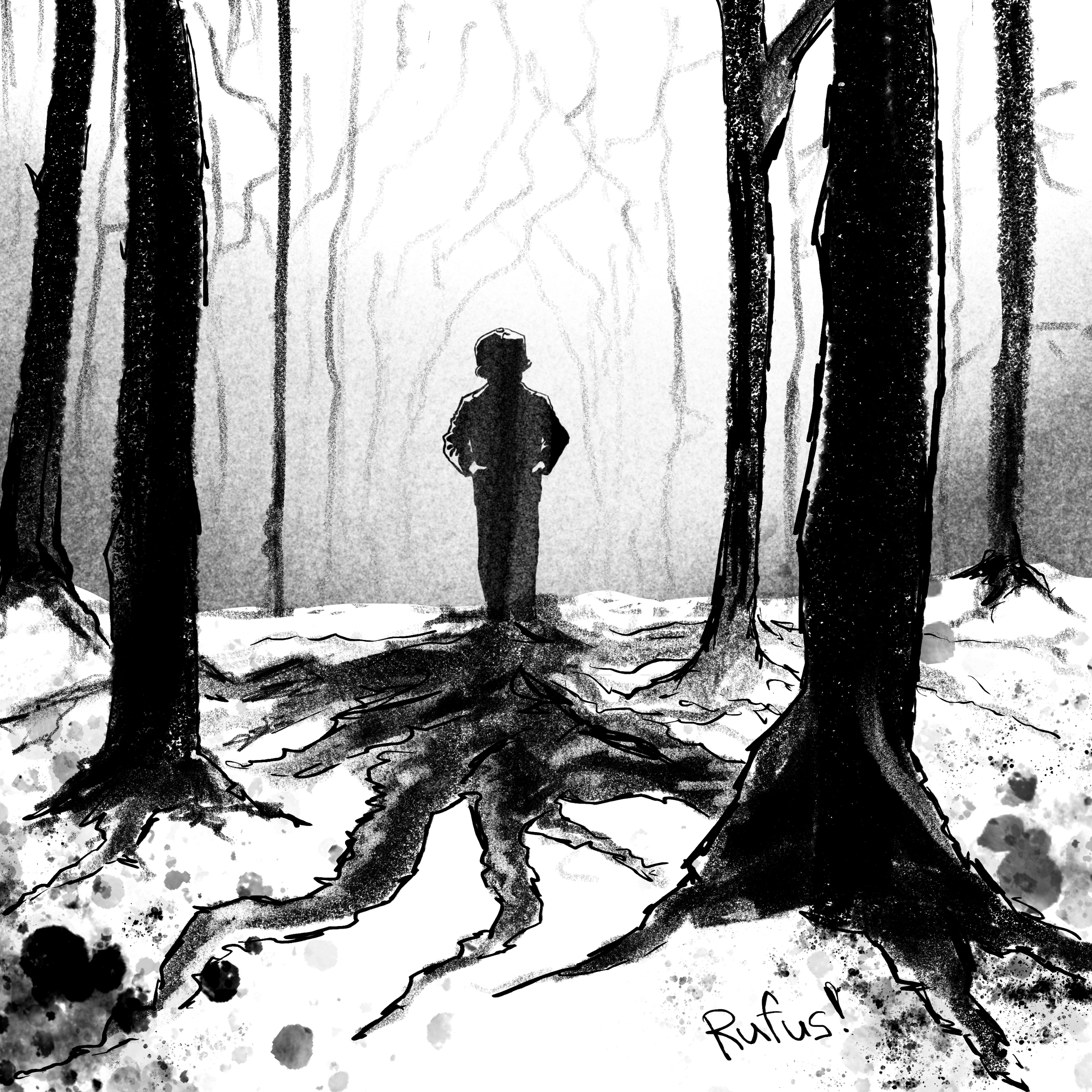 A black and white illustration of a person standing in a forest, surrounded by tall trees with rough bark and a cleared trail. The person is wearing a top hat and coat, viewed from behind, with the word "Rufus!" written at the bottom.