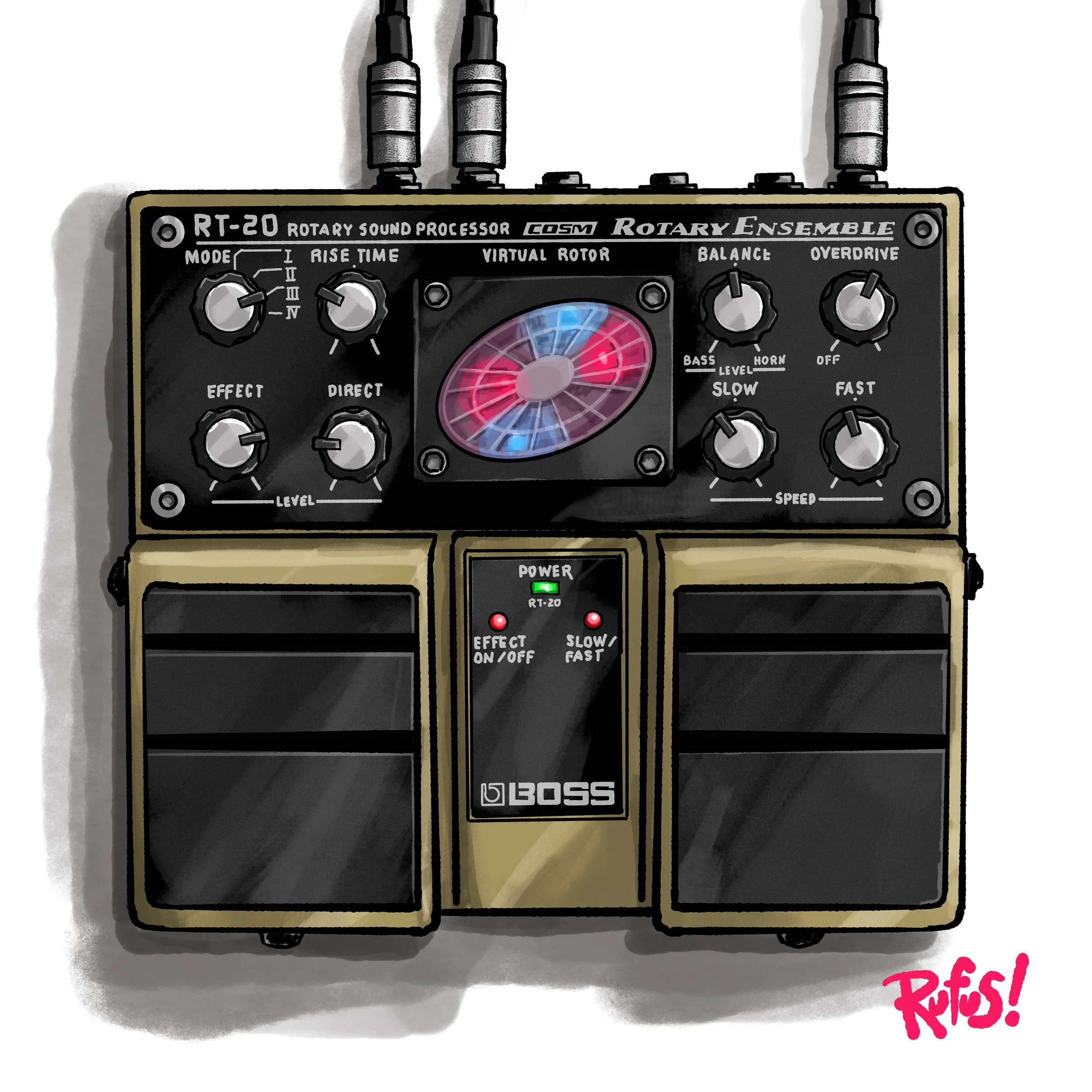 A Boss RT-20 Rotary Sound Processor effects pedal, black with various knobs and a colorful circular display, with the word 'Puff' written in pink in the bottom right corner.