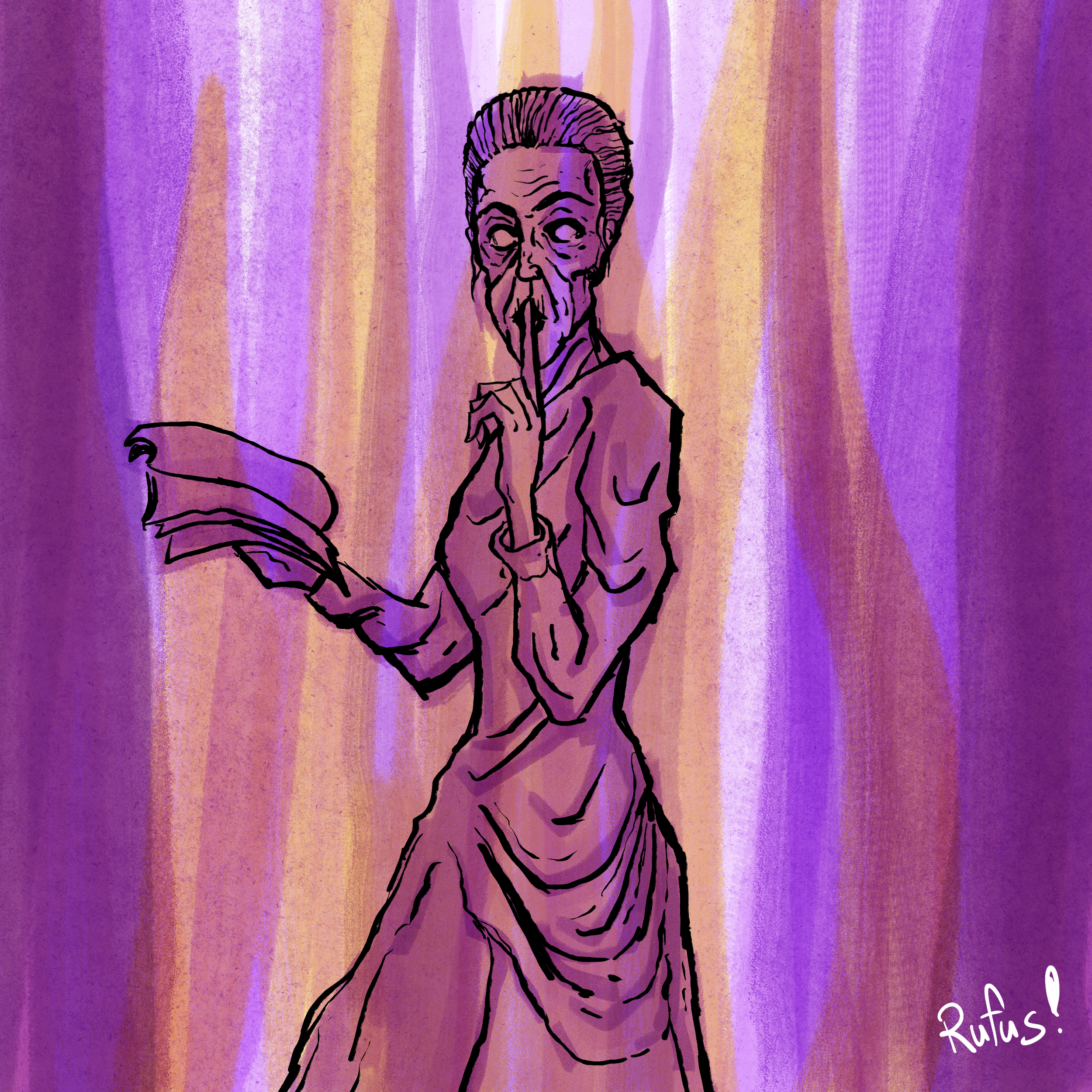 A line drawing of a woman with her hair in a bun and wearing a jacket, against a background of purple and pink vertical stripes with abstract textures, with the words 'Stay Curious!' written in the bottom right corner.