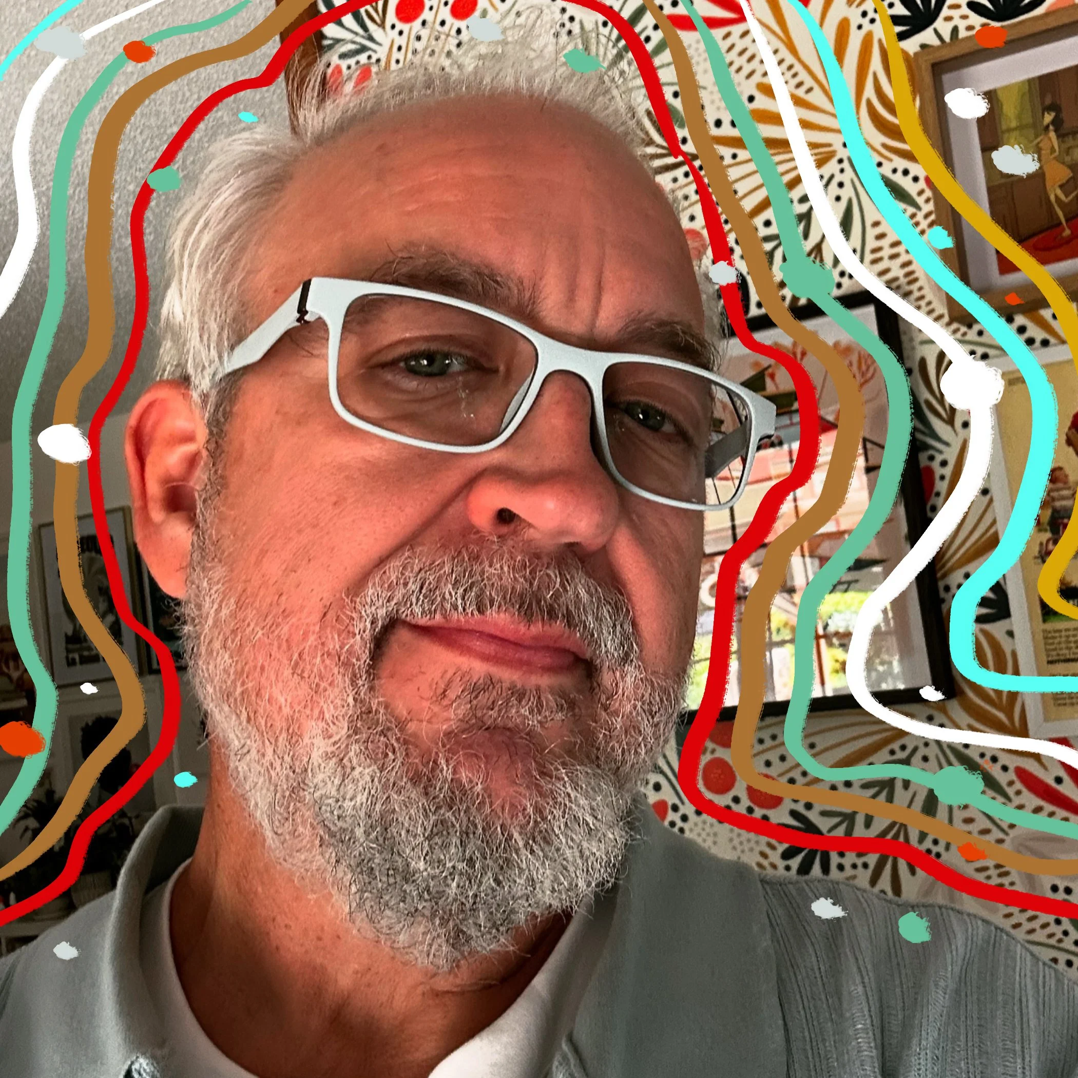 A close-up of an older man with gray hair and beard wearing glasses, smiling, with a colorful, patterned background and overlay of colorful, wavy lines with small dots.