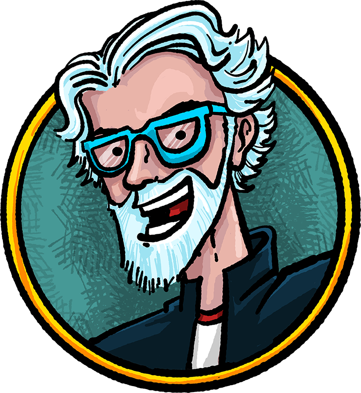 Cartoon illustration of a happy older man with white hair and beard, wearing large glasses with blue frames, black jacket, and smiling widely.