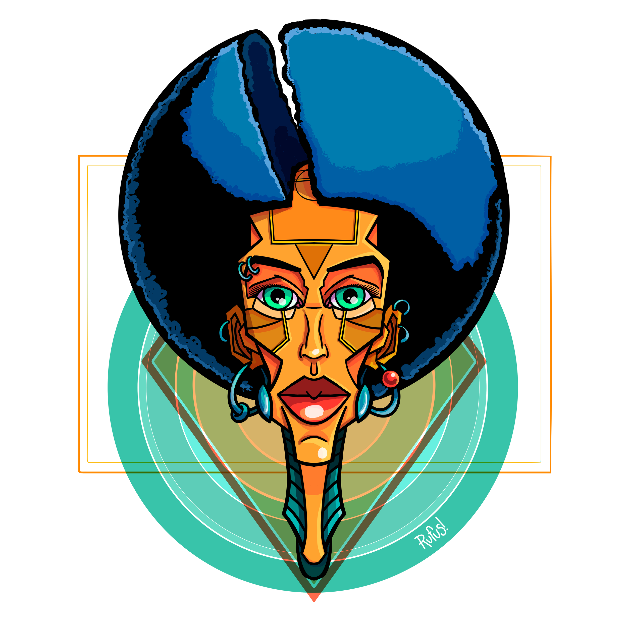 Stylized illustration of a woman with vibrant makeup and jewelry, featuring a large blue afro hairstyle and a green background with circular design elements.