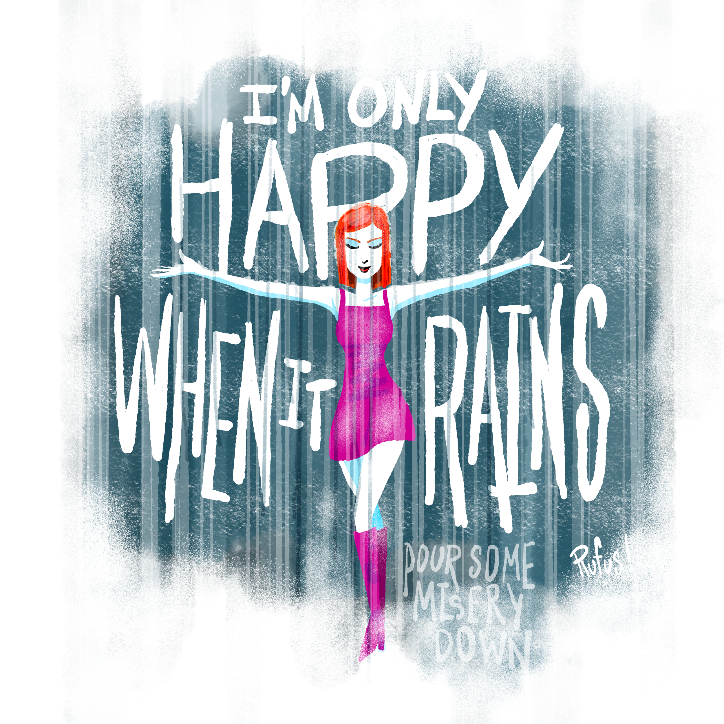 A woman with red hair and a pink dress standing with her arms outstretched in front of a wall with the words 'I'm only happy when I'm sour' written in white. The image has a colorful, artistic style with a textured background.