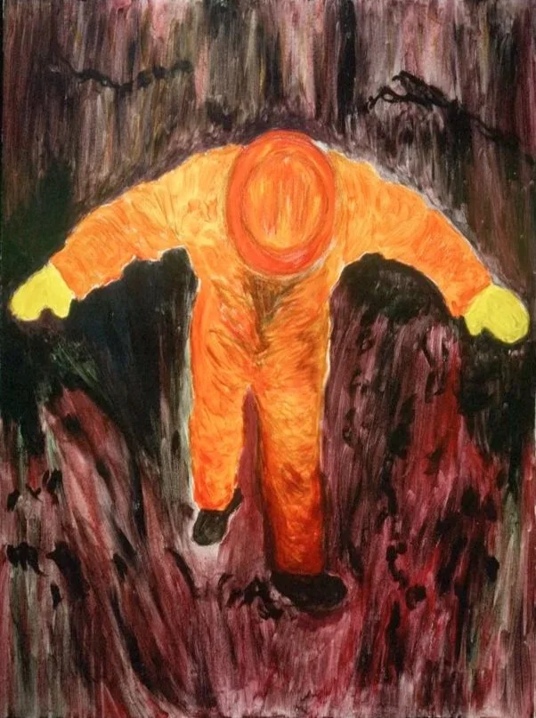 Painting: Safety Colors
Medium: Mixed media
Wrapped in orange and yellow, a portrait of vigilance, care, and pride in craft.