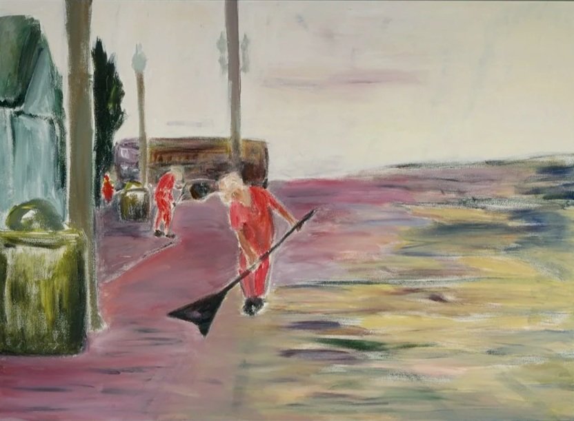 Painting of a person in a red outfit sweeping the ground near a waterfront with a stick, with other figures and trees in the background.