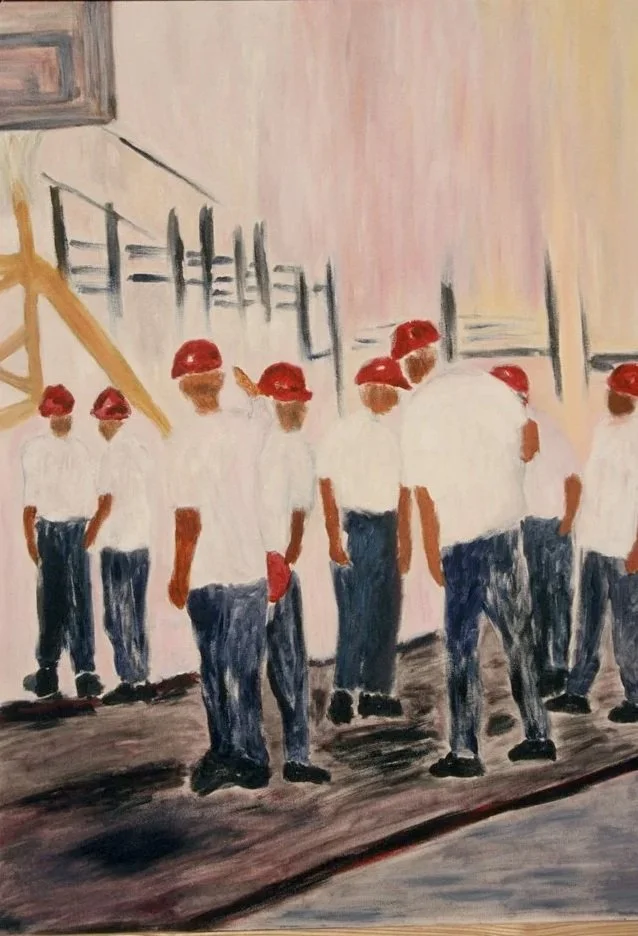Painting of a group of young baseball players in white shirts, dark pants, and red caps standing near a fence and a dugout.