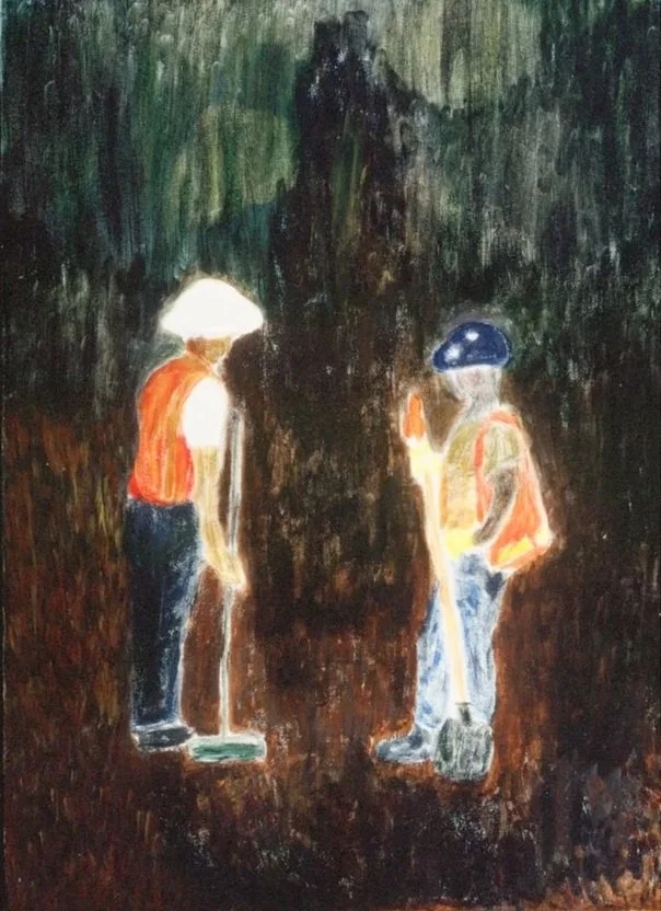 Painting of two construction workers standing and talking in a dark, wooded background, wearing safety vests and helmets.