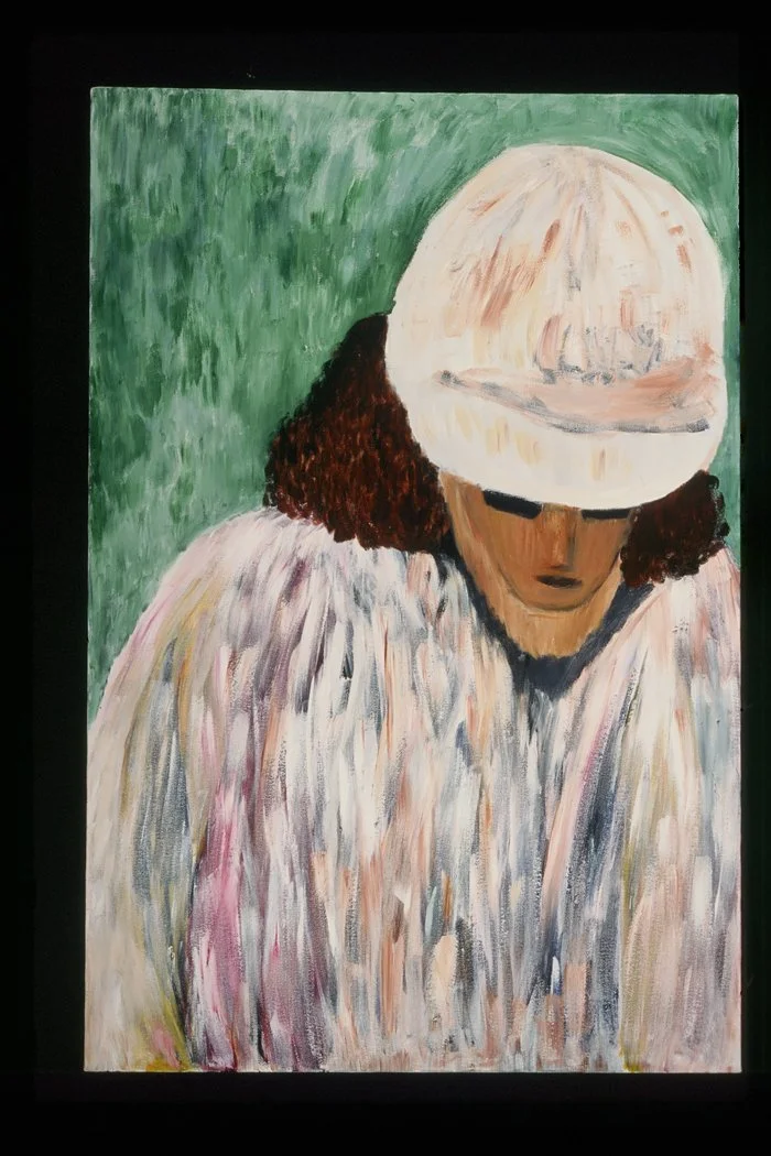Painting of a woman with curly brown hair, wearing glasses, a beige hat, and a light-colored blouse, against a green background.