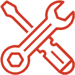 red icon with tools representing workmanship. flathead screwdriver sits beneath a wrench both are outlined in red
