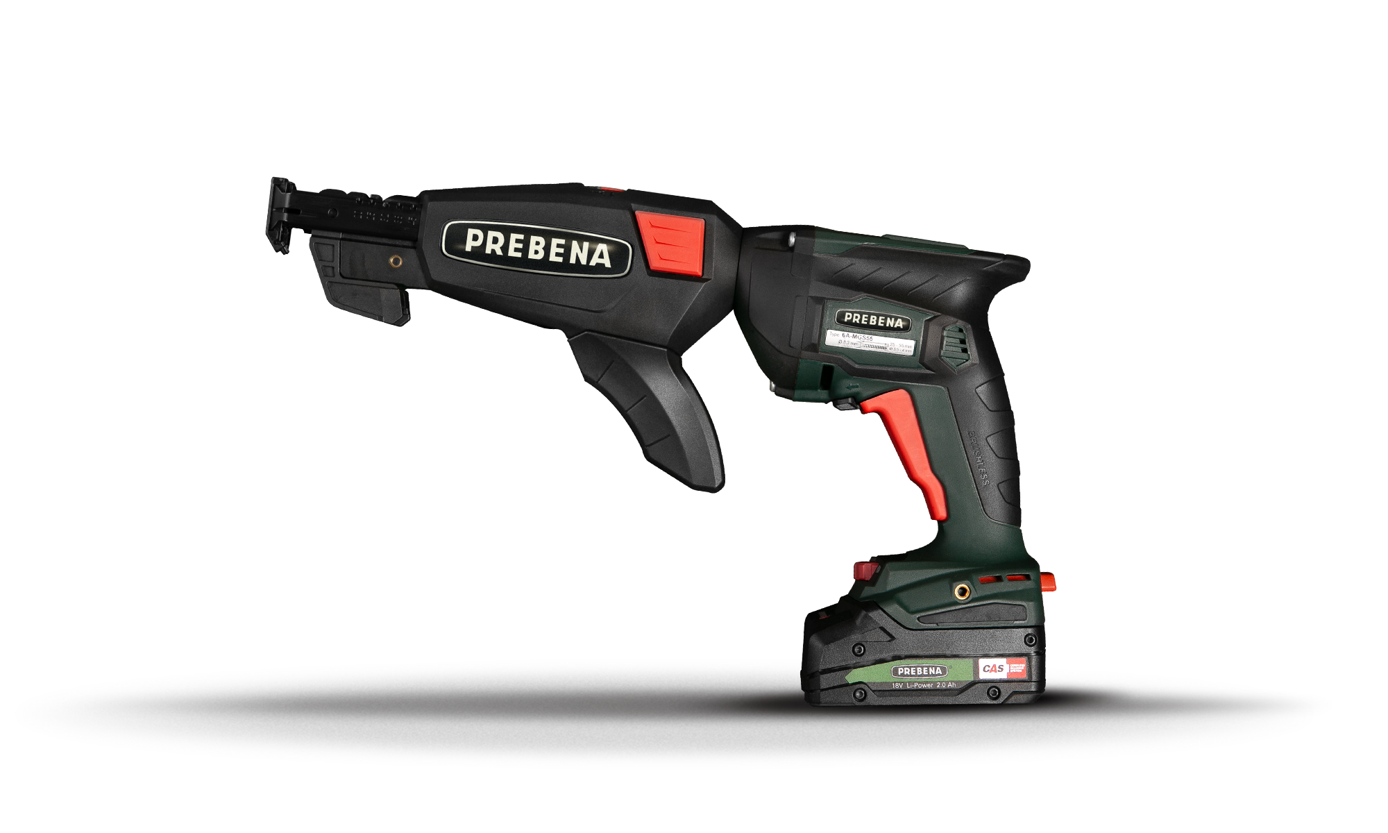 Parafusadeira sem fio preta, verde e vermelha da marca Prebena, em posição horizontal sobre uma superfície cinza, com fundo preto.