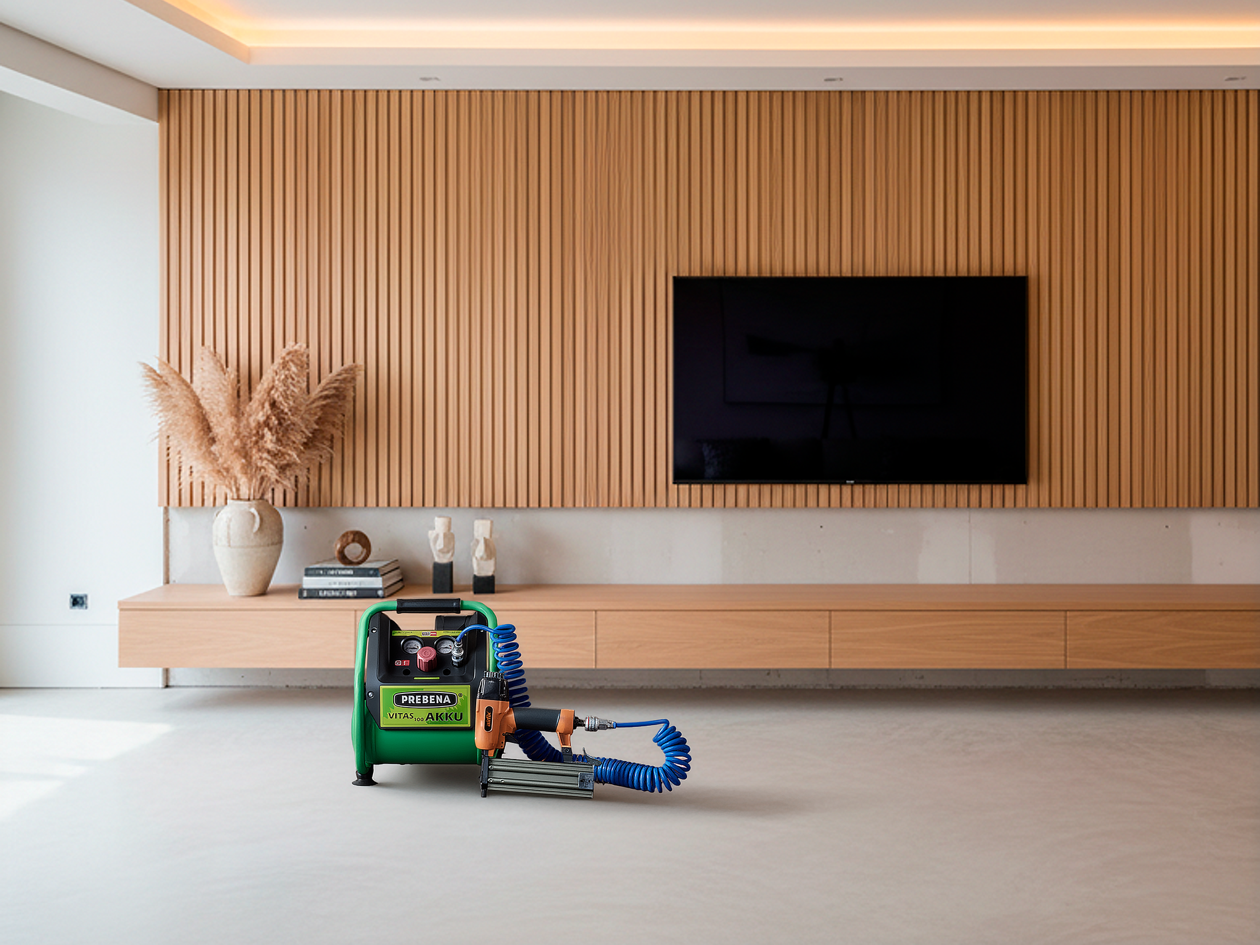 Ambiente minimalista de sala com parede de madeira, televisão de tela plana, mesa de madeira com objetos decorativos e vaso com palha natural, além de equipamento de limpeza (extratora de poeira) na frente.